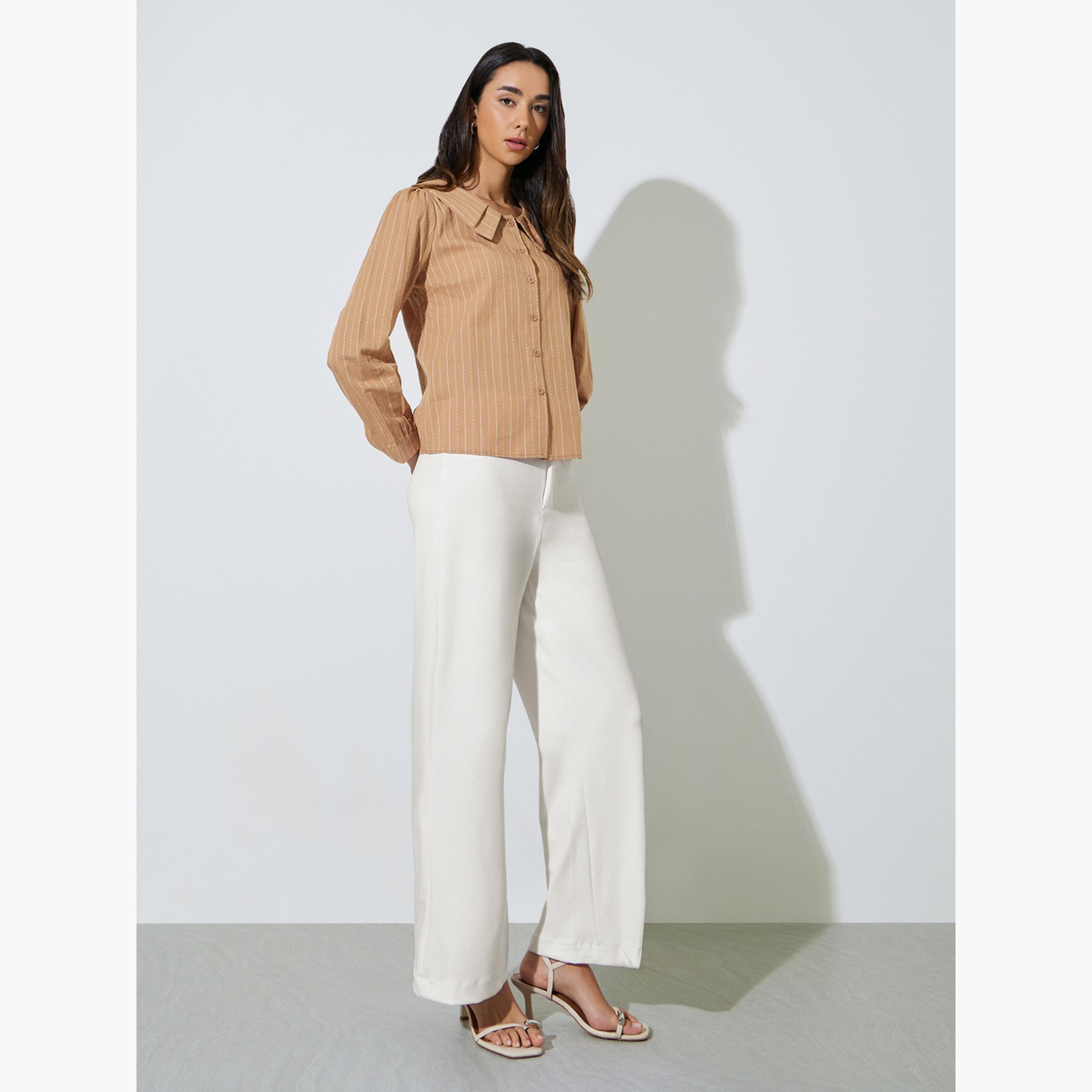 Styli Brown Textured Peter Pan Collar Shirt-women-clothing-shirtsandblouses-shirts-image-2