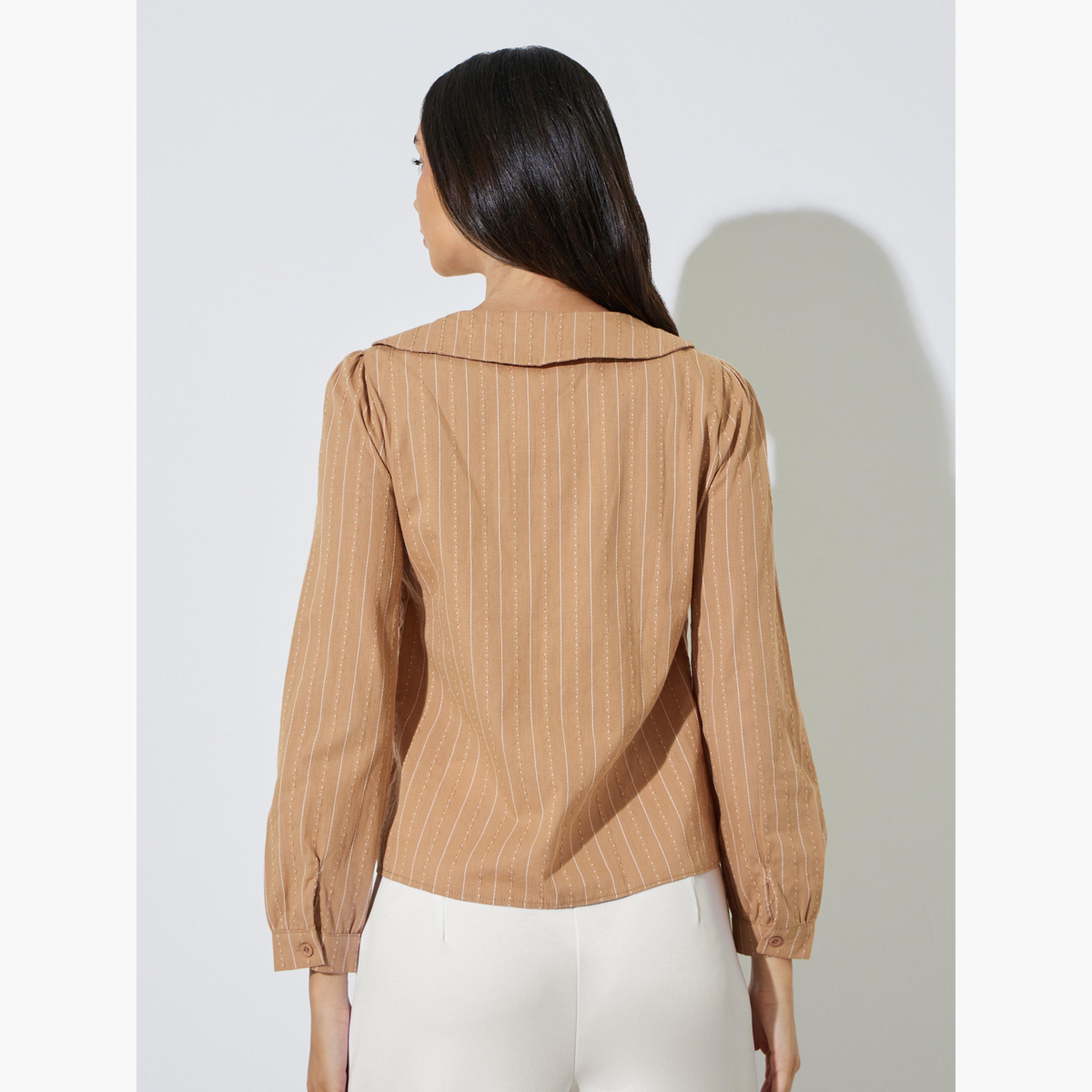 Styli Brown Textured Peter Pan Collar Shirt-women-clothing-shirtsandblouses-shirts-image-4
