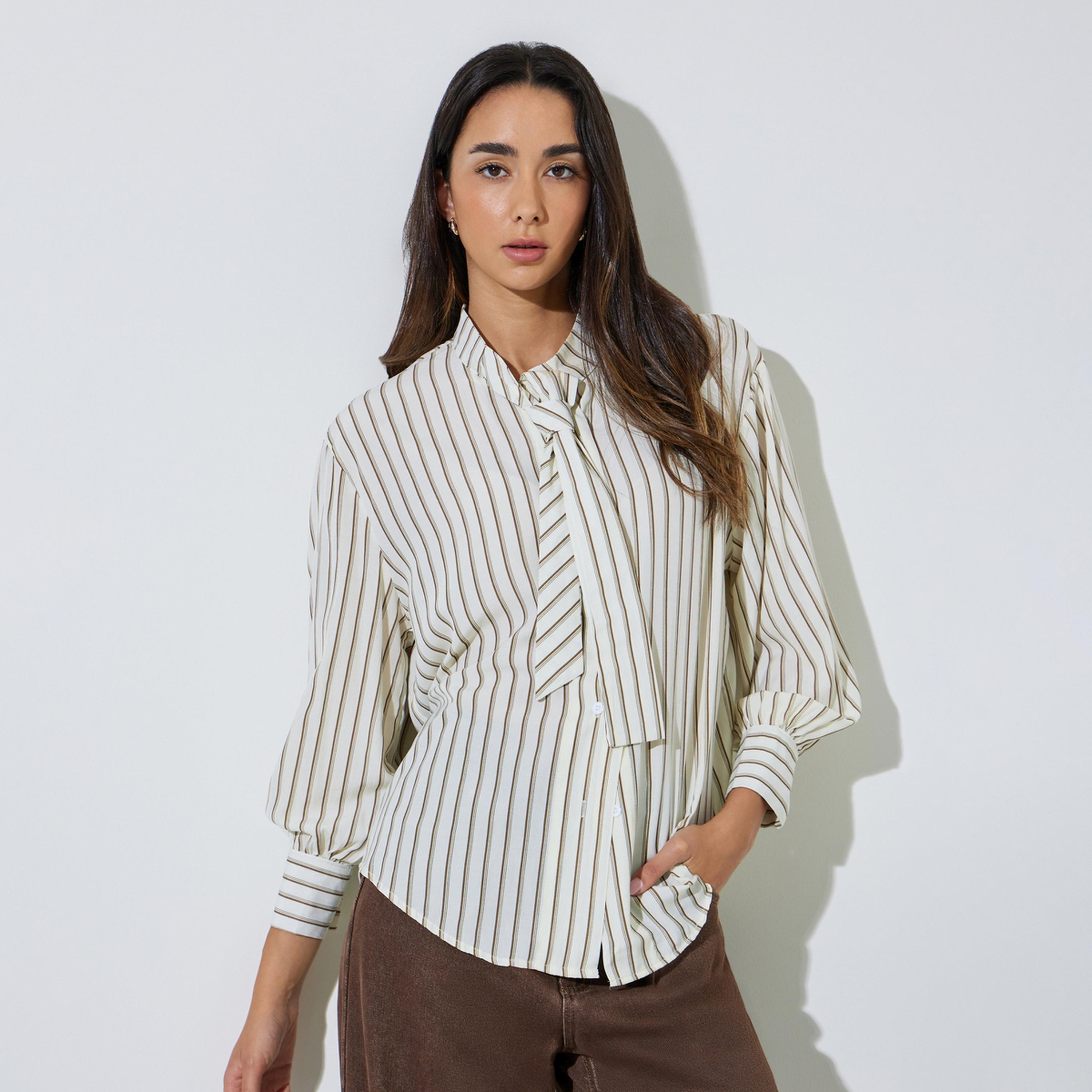 Styli Multi-Color Striped Long Sleeve Blouse with Tie-Neck Detail-women-clothing-shirtsandblouses-blouses-image-1