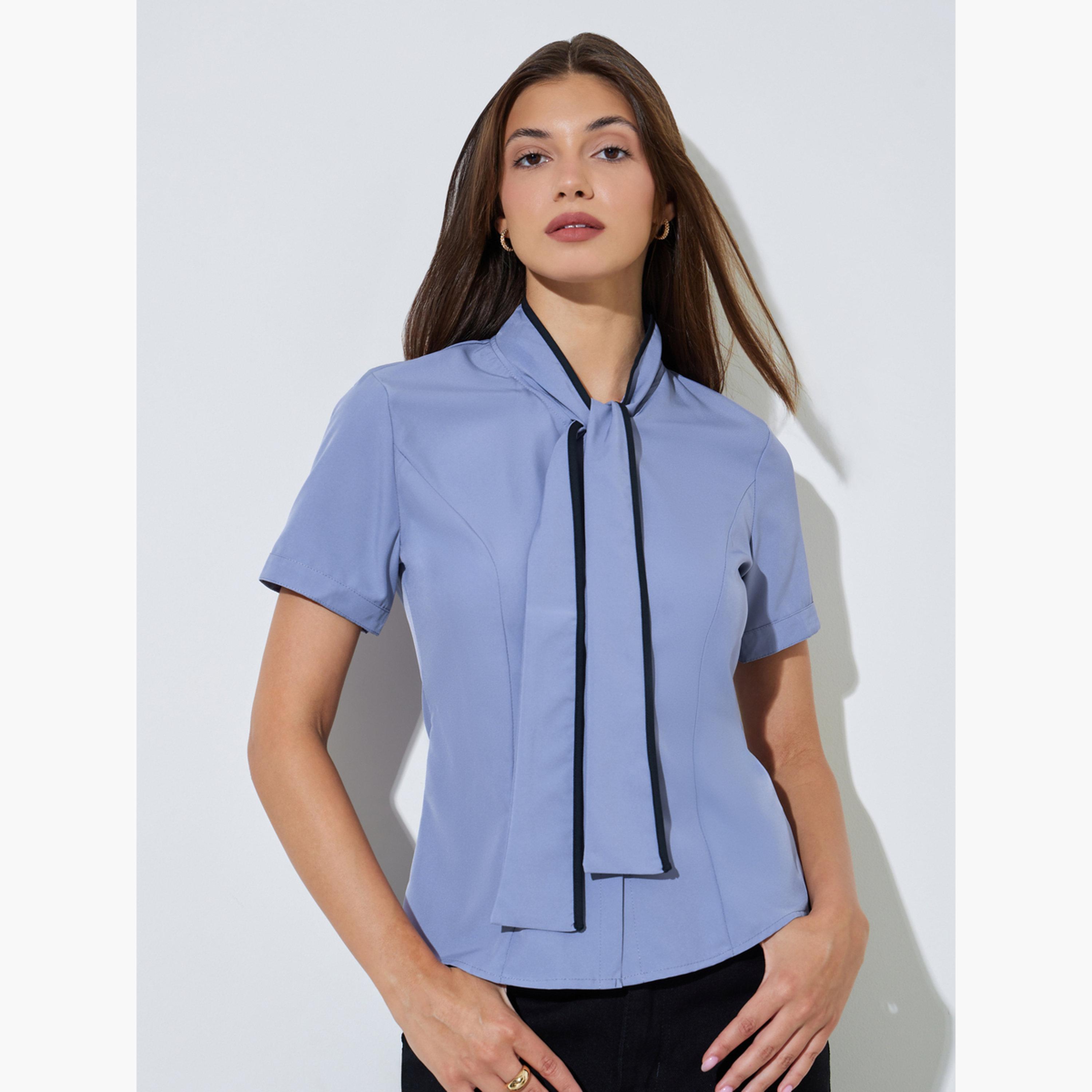 بلوزة بأكمام قصيرة بنفسجية بتفاصيل رباط عنق-women-clothing-shirtsandblouses-blouses-image-1