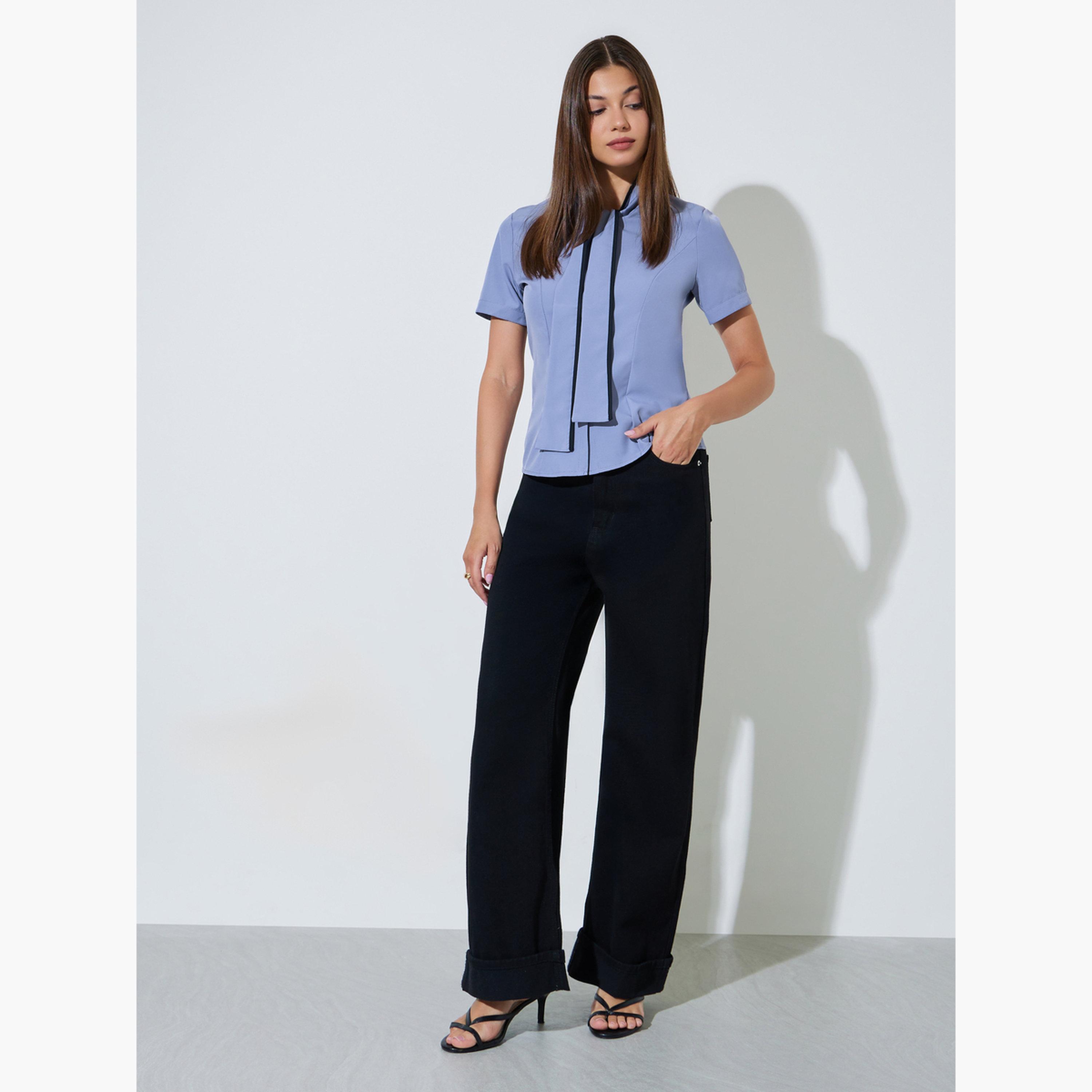 بلوزة بأكمام قصيرة بنفسجية بتفاصيل رباط عنق-women-clothing-shirtsandblouses-blouses-image-2