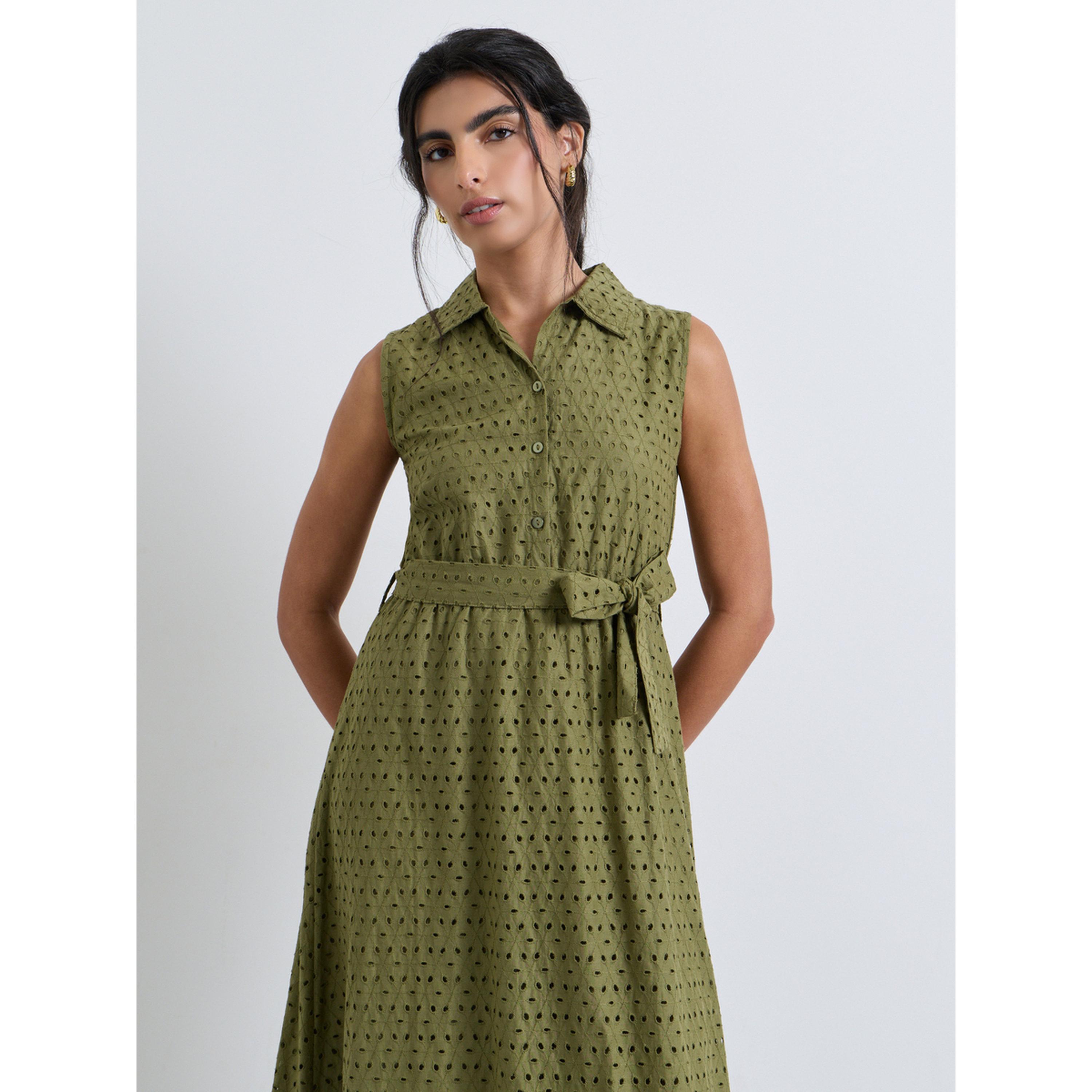 Styli Olive Schiffli Sleeveless Shirt Maxi Dress-women-clothing-dresses-image-2