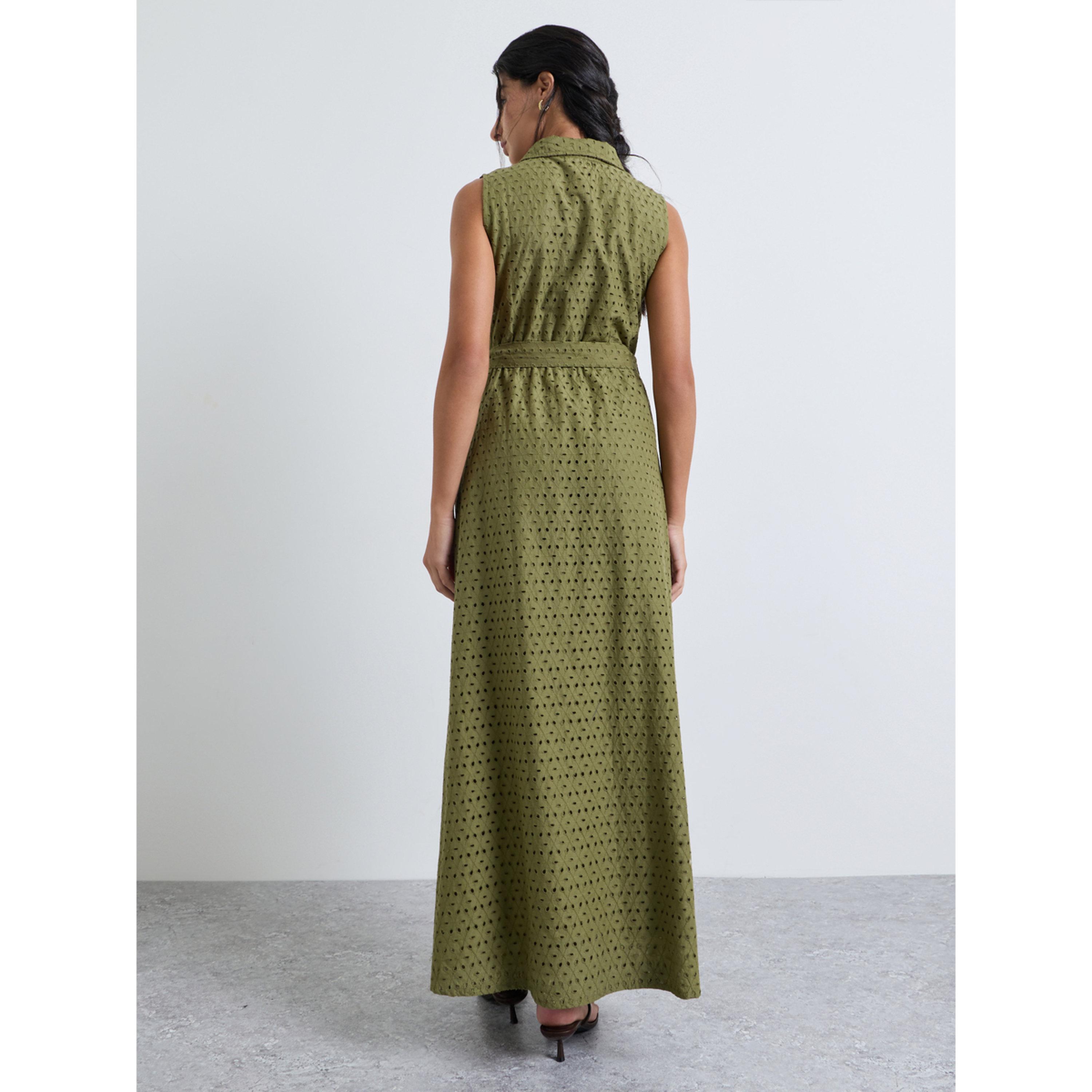 Styli Olive Schiffli Sleeveless Shirt Maxi Dress-women-clothing-dresses-image-3