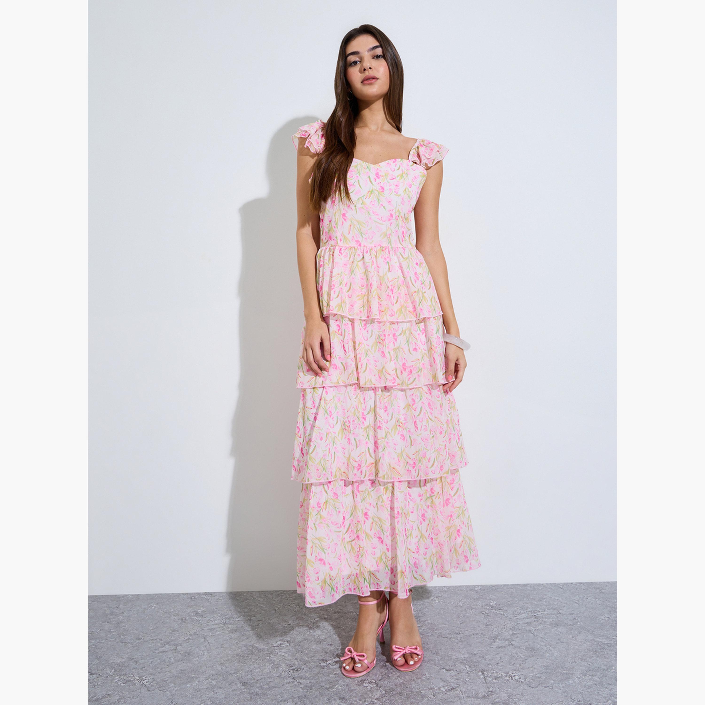 Styli Pink Floral Print Layered Maxi Dress-women-clothing-dresses-image-1