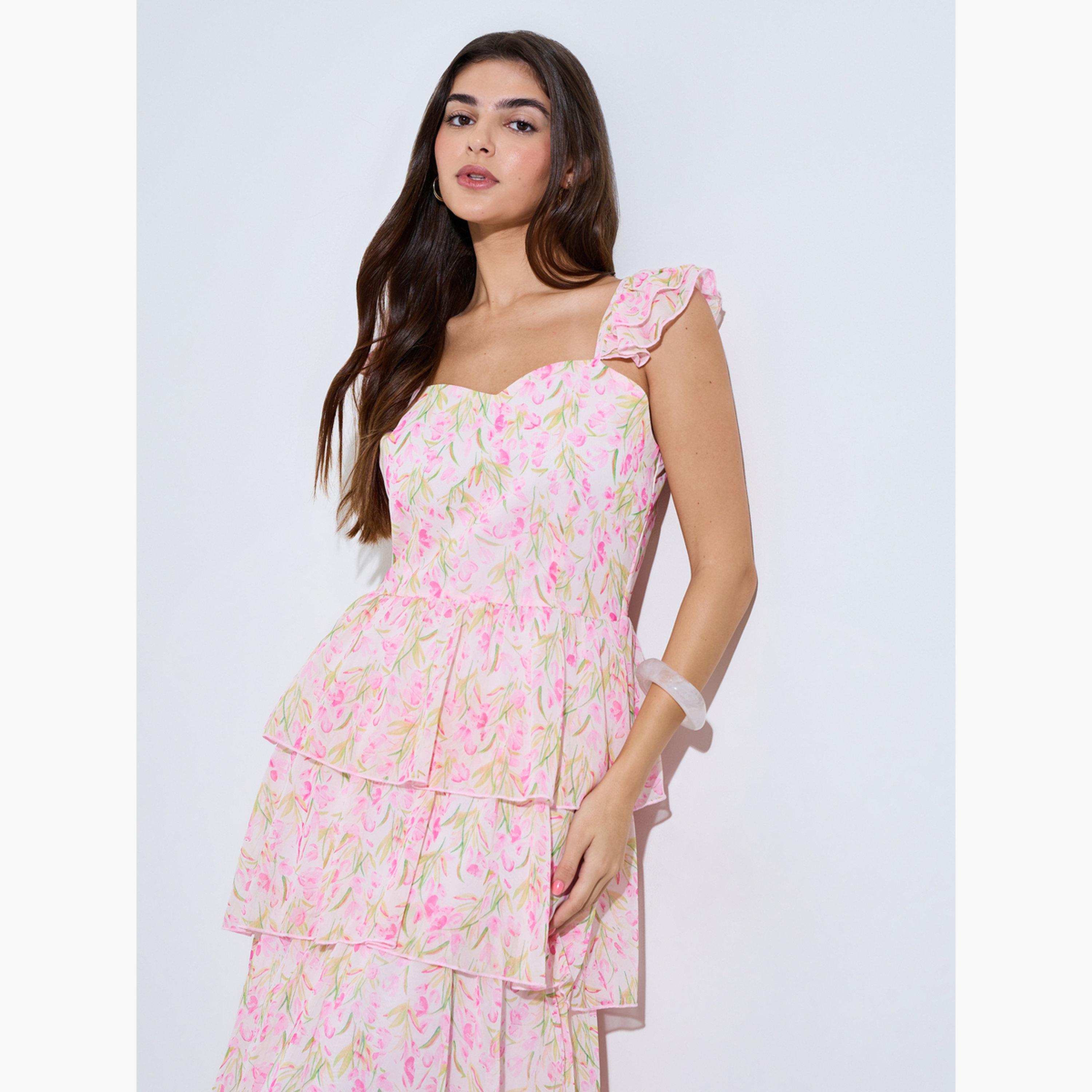 Styli Pink Floral Print Layered Maxi Dress-women-clothing-dresses-image-2