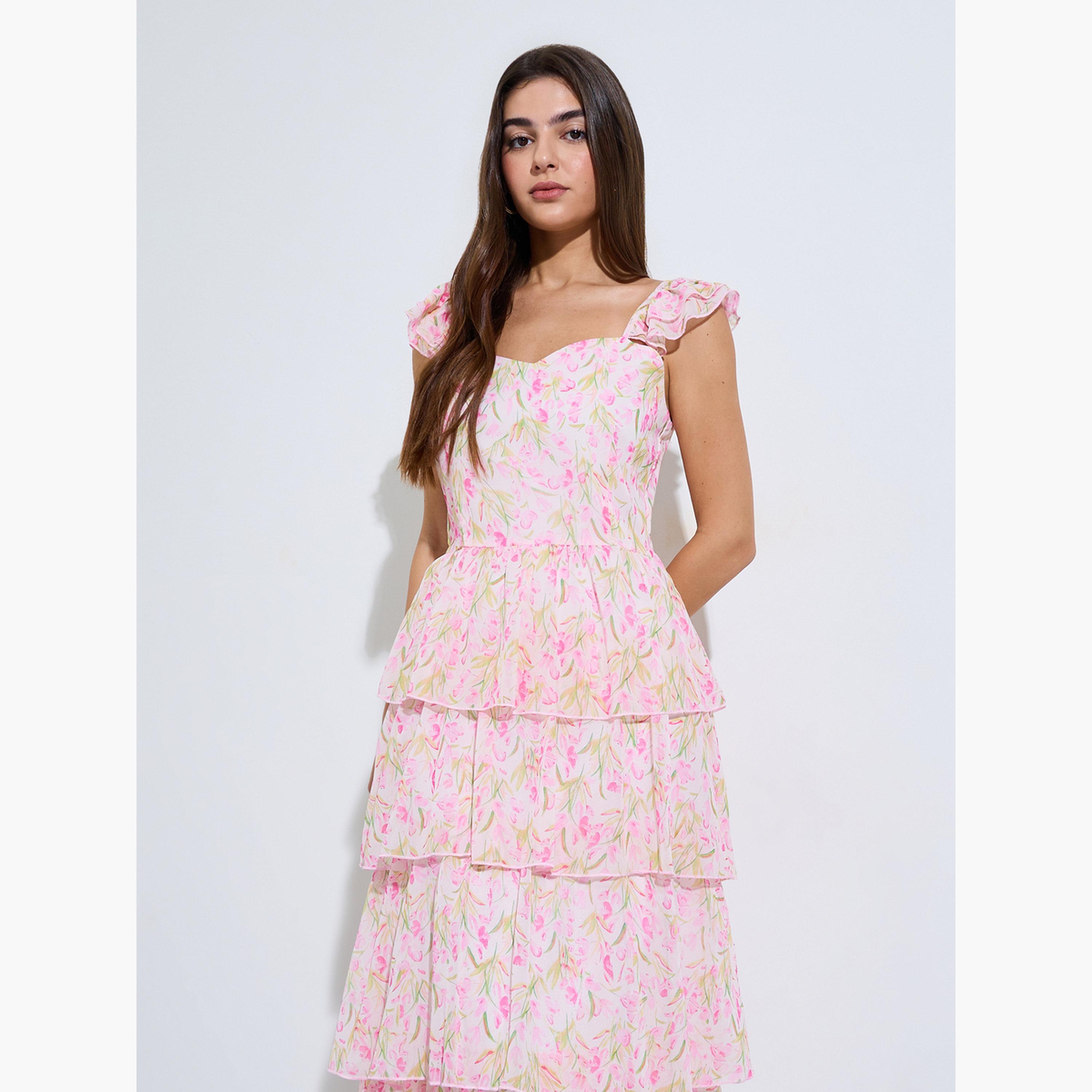 Styli Pink Floral Print Layered Maxi Dress-women-clothing-dresses-image-3