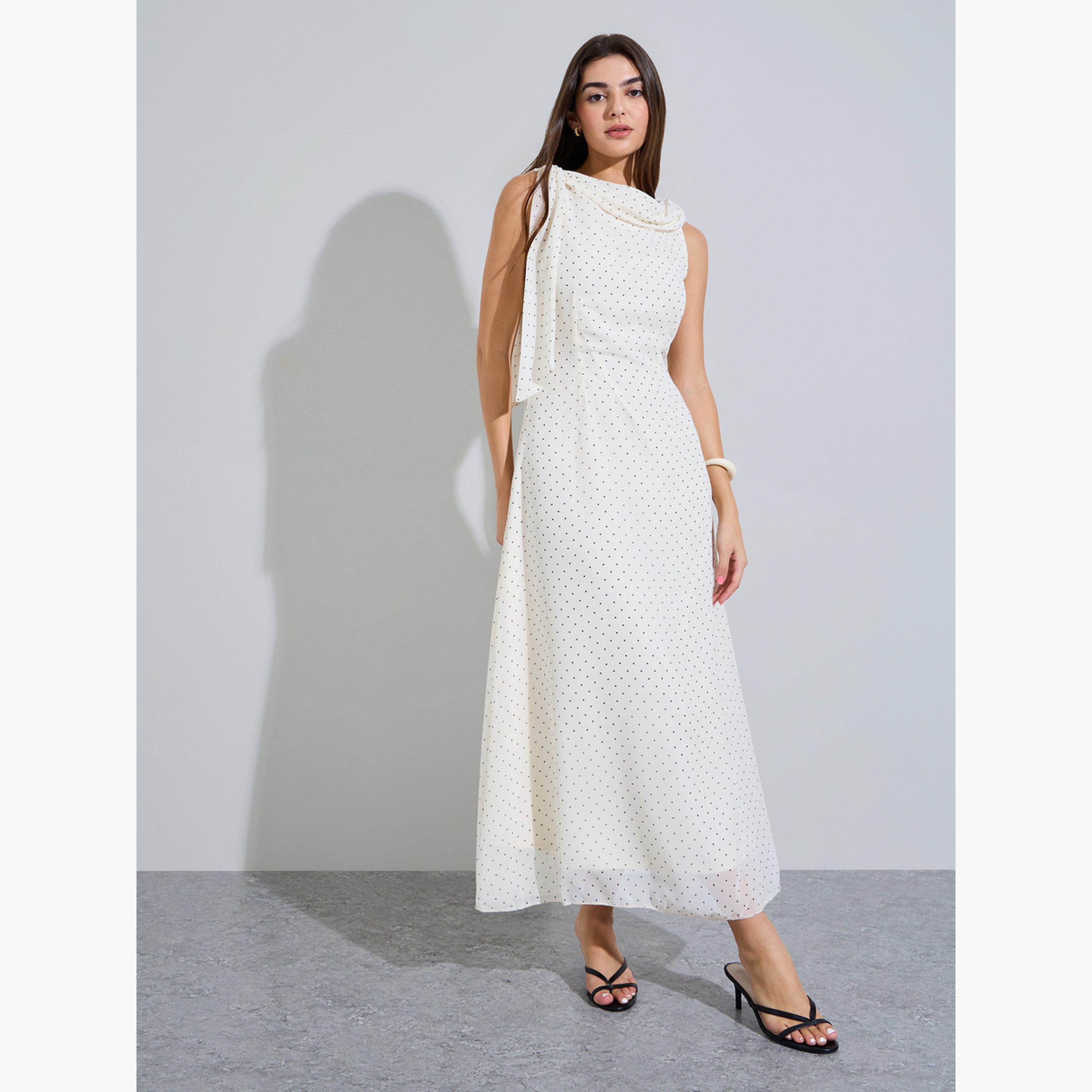 فستان طويل بياقة منسدلة وطبعة منقطة-women-clothing-dresses-image-2