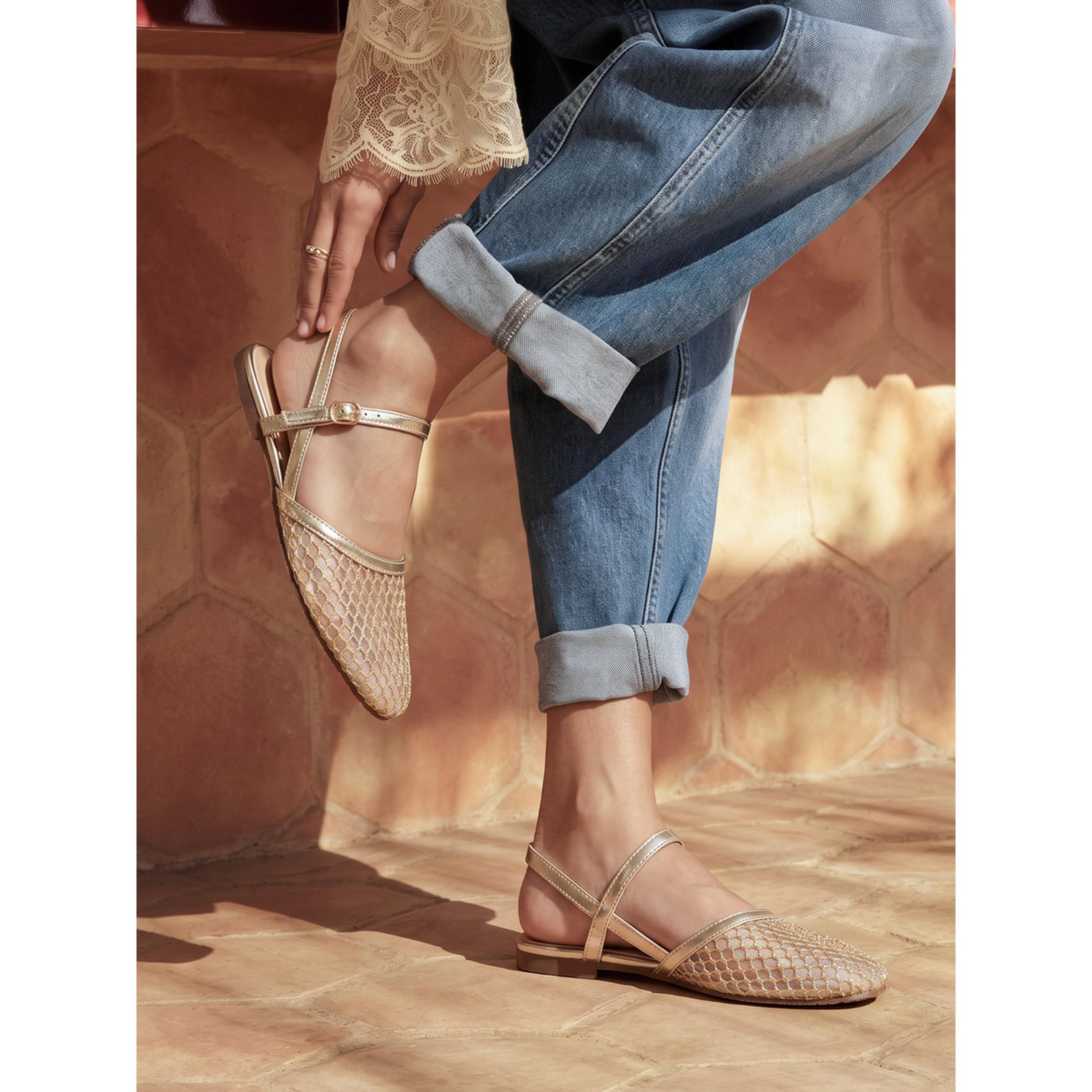 Styli Gold Mesh Slingback Casual Shoes-women-shoes-sandals-flats-image-2