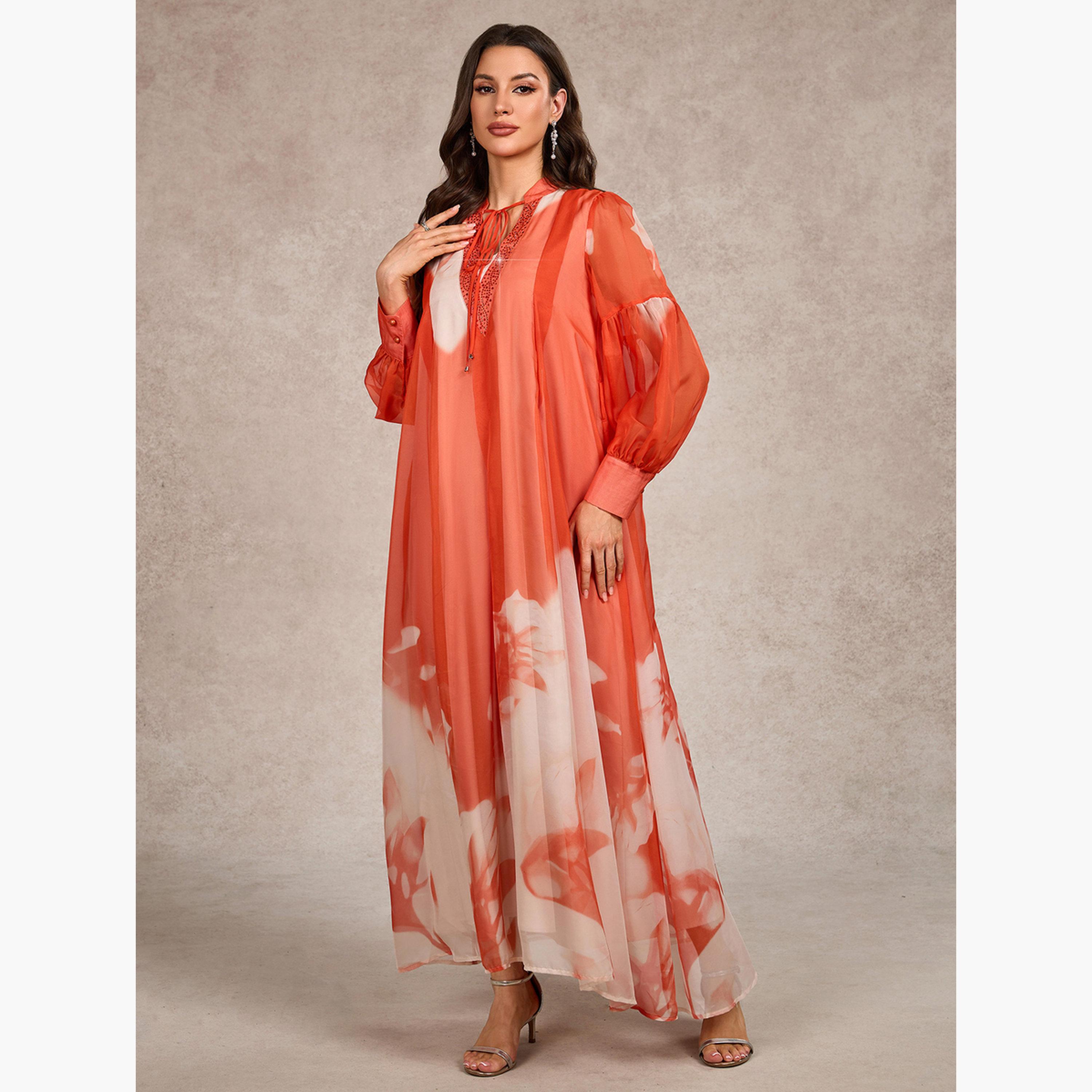 فستان طويل بياقة برباط وطبعة-women-clothing-dresses-image-1
