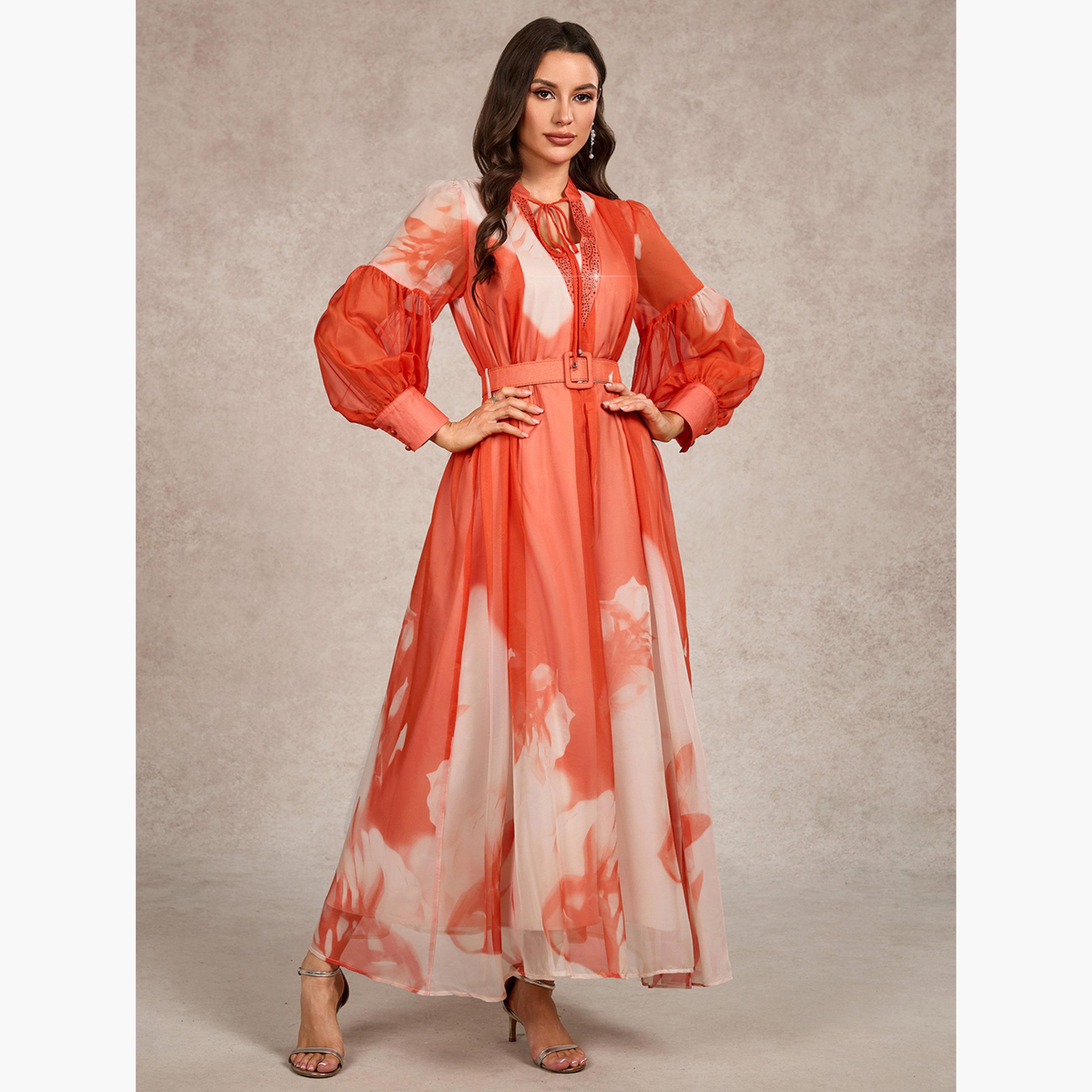 فستان طويل بياقة برباط وطبعة-women-clothing-dresses-image-5