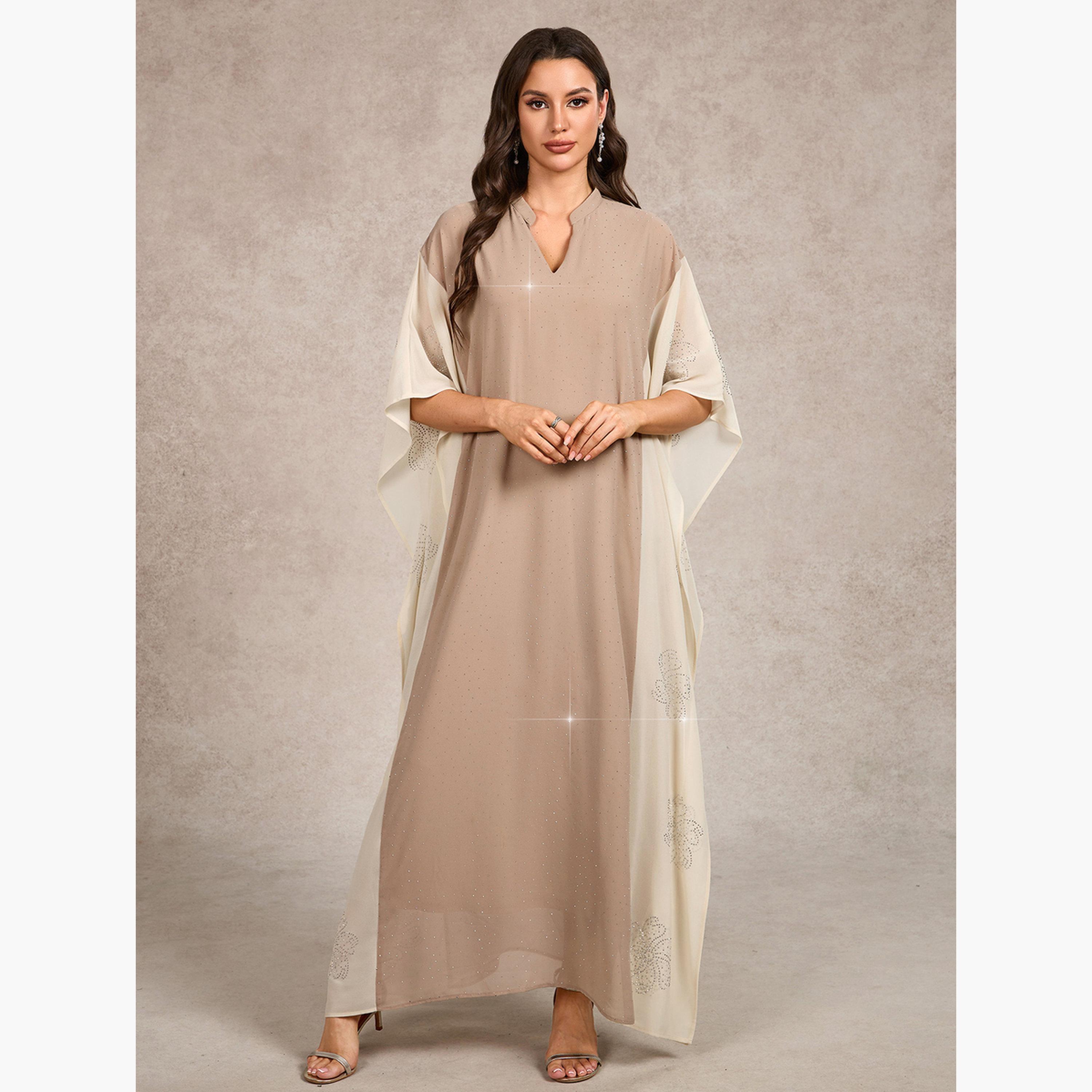 فستان قفطان طويل بلونين ومزين بأحجار الراين-women-clothing-dresses-image-1