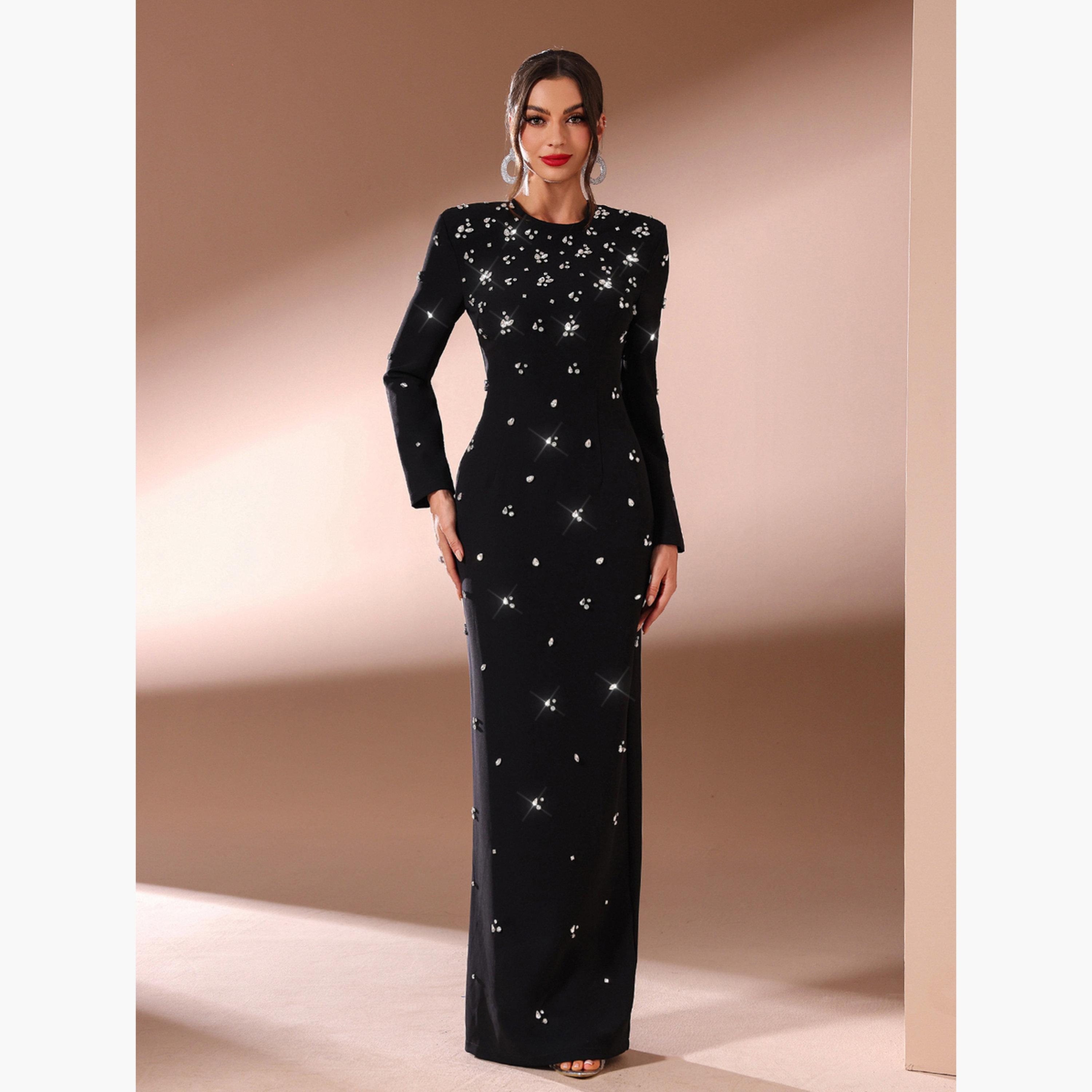 فستان طويل بياقة دائرية ومزين بأحجار الراين-women-clothing-dresses-image-1