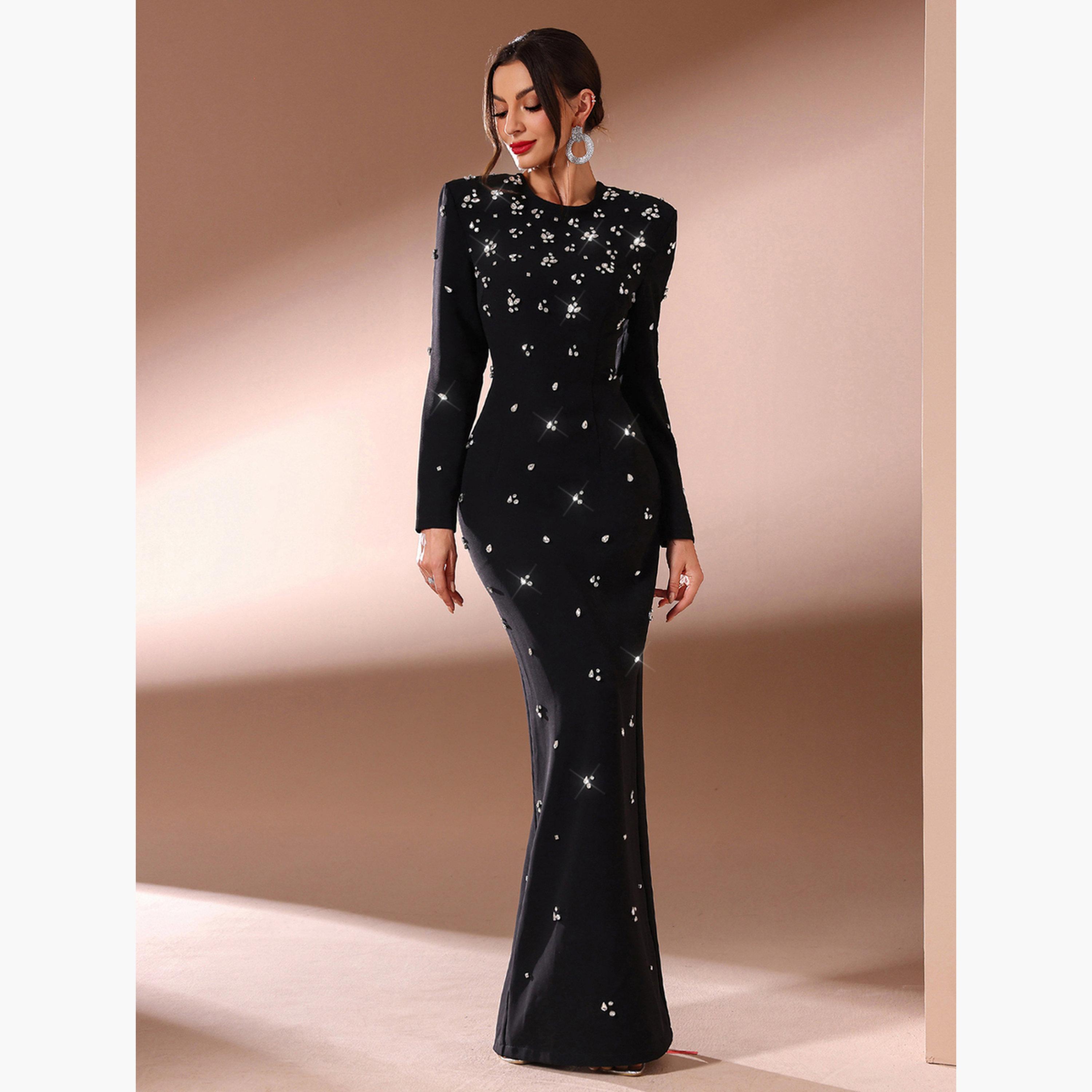 فستان طويل بياقة دائرية ومزين بأحجار الراين-women-clothing-dresses-image-3