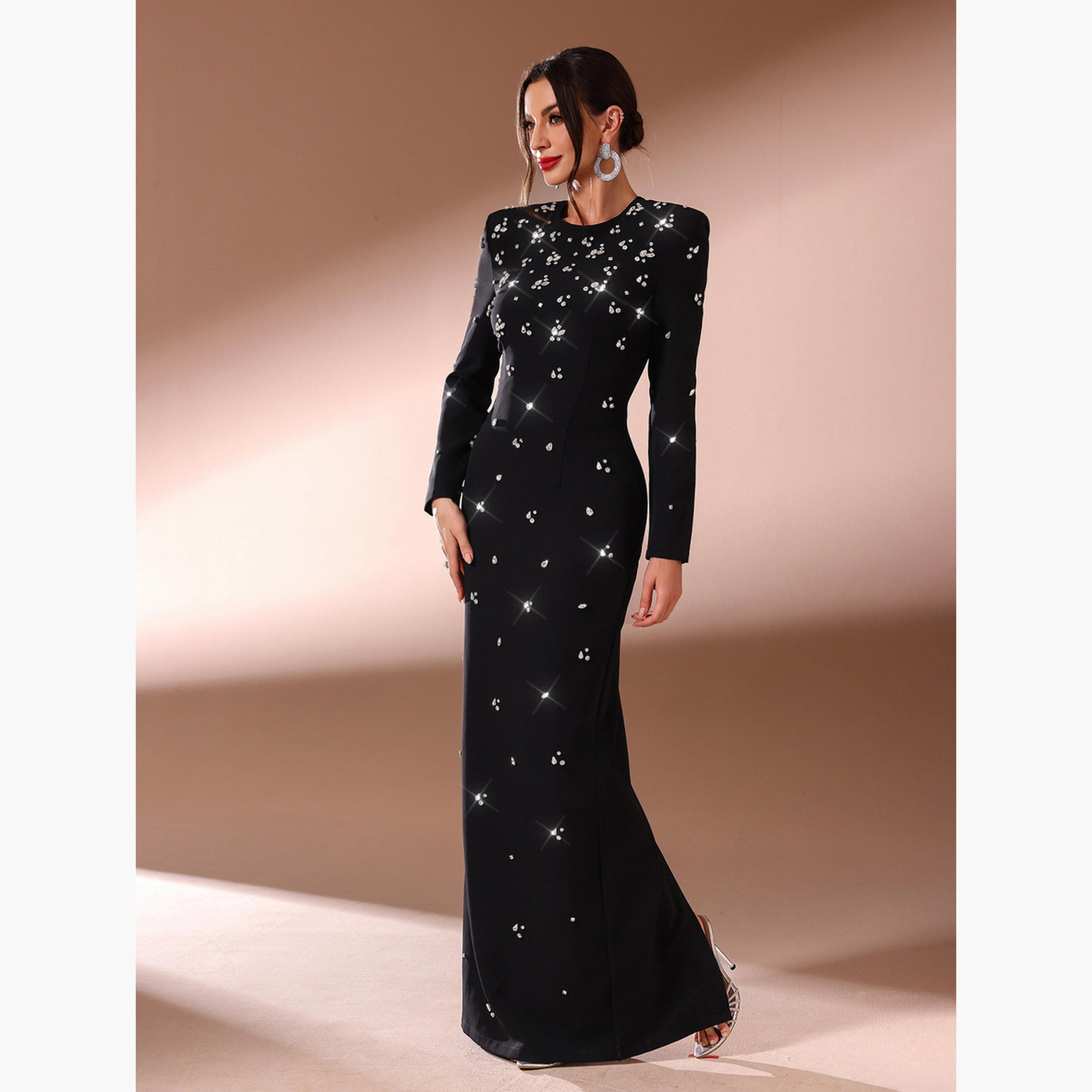 فستان طويل بياقة دائرية ومزين بأحجار الراين-women-clothing-dresses-image-4