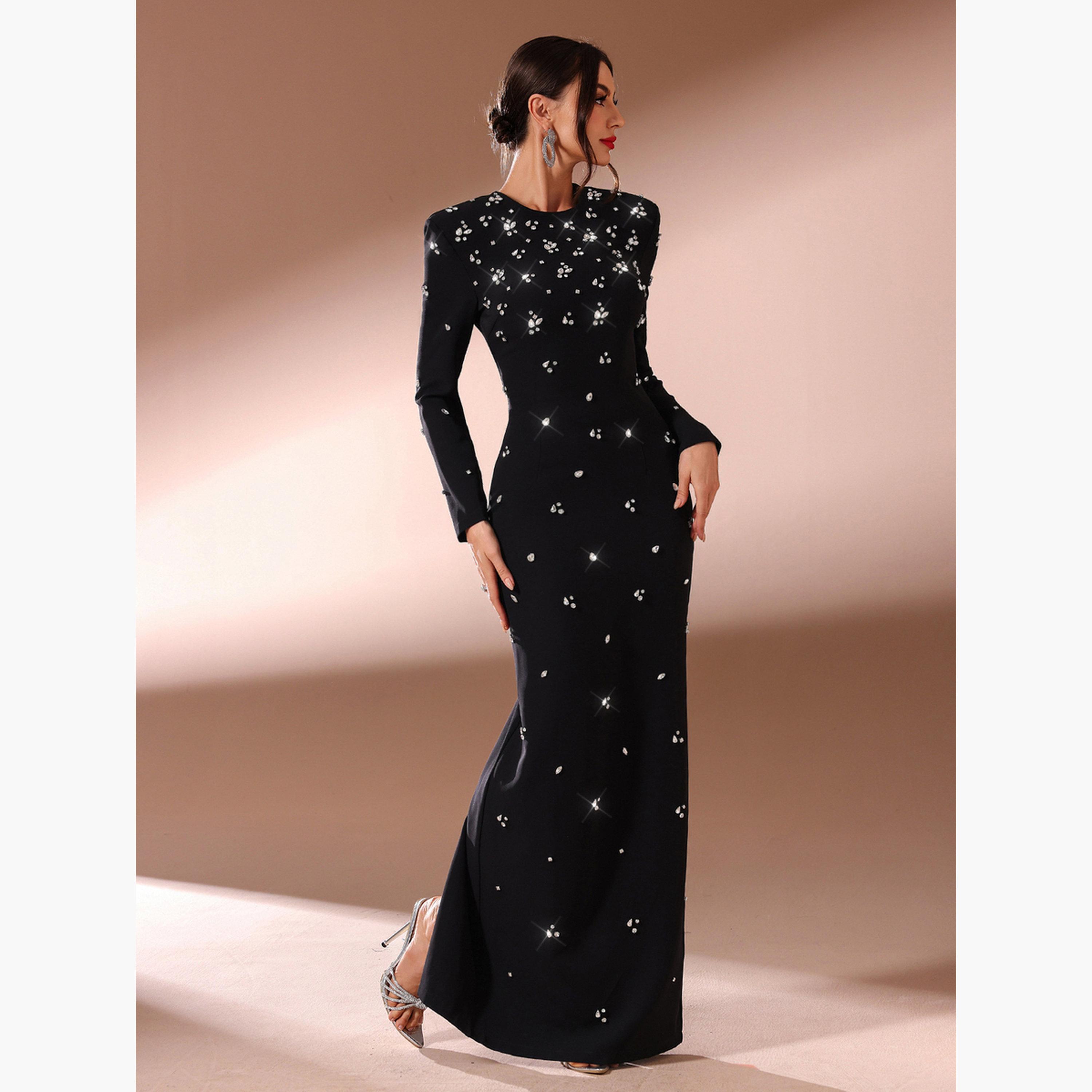 فستان طويل بياقة دائرية ومزين بأحجار الراين-women-clothing-dresses-image-5