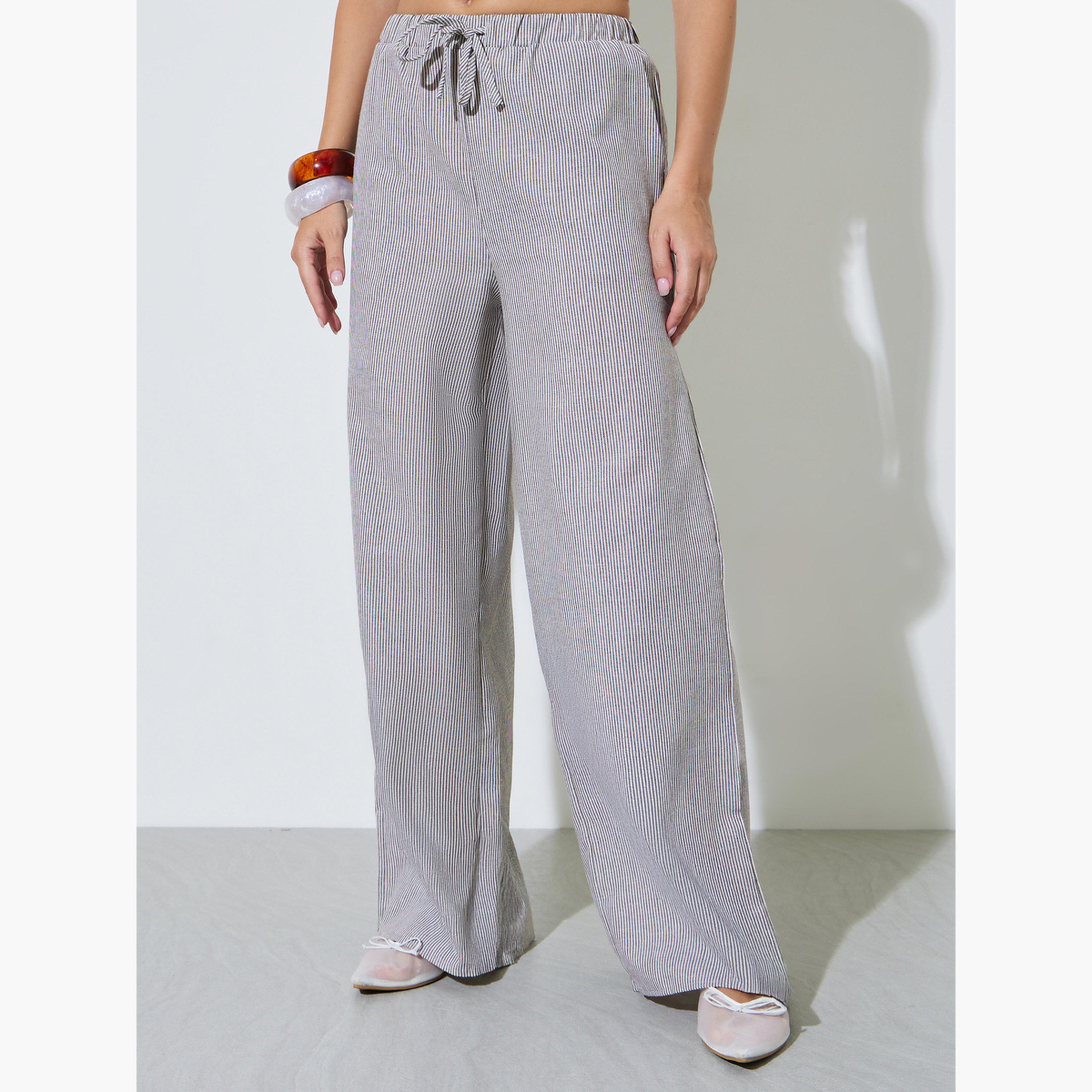 Styli Grey Striped Elastic Waist Wide Leg Pants with Pockets-women-clothing-trousers-image-1