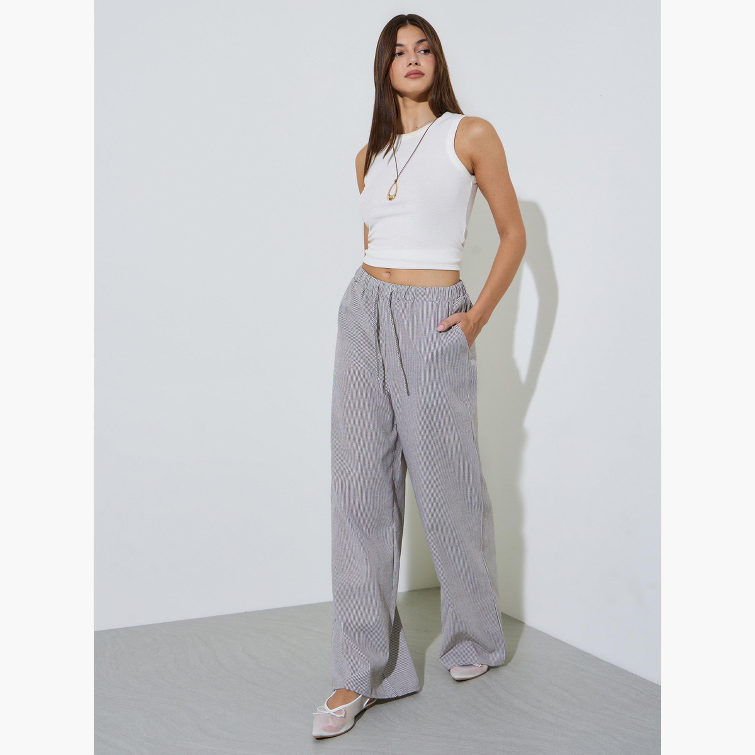Styli Grey Striped Elastic Waist Wide Leg Pants with Pockets-women-clothing-trousers-image-2