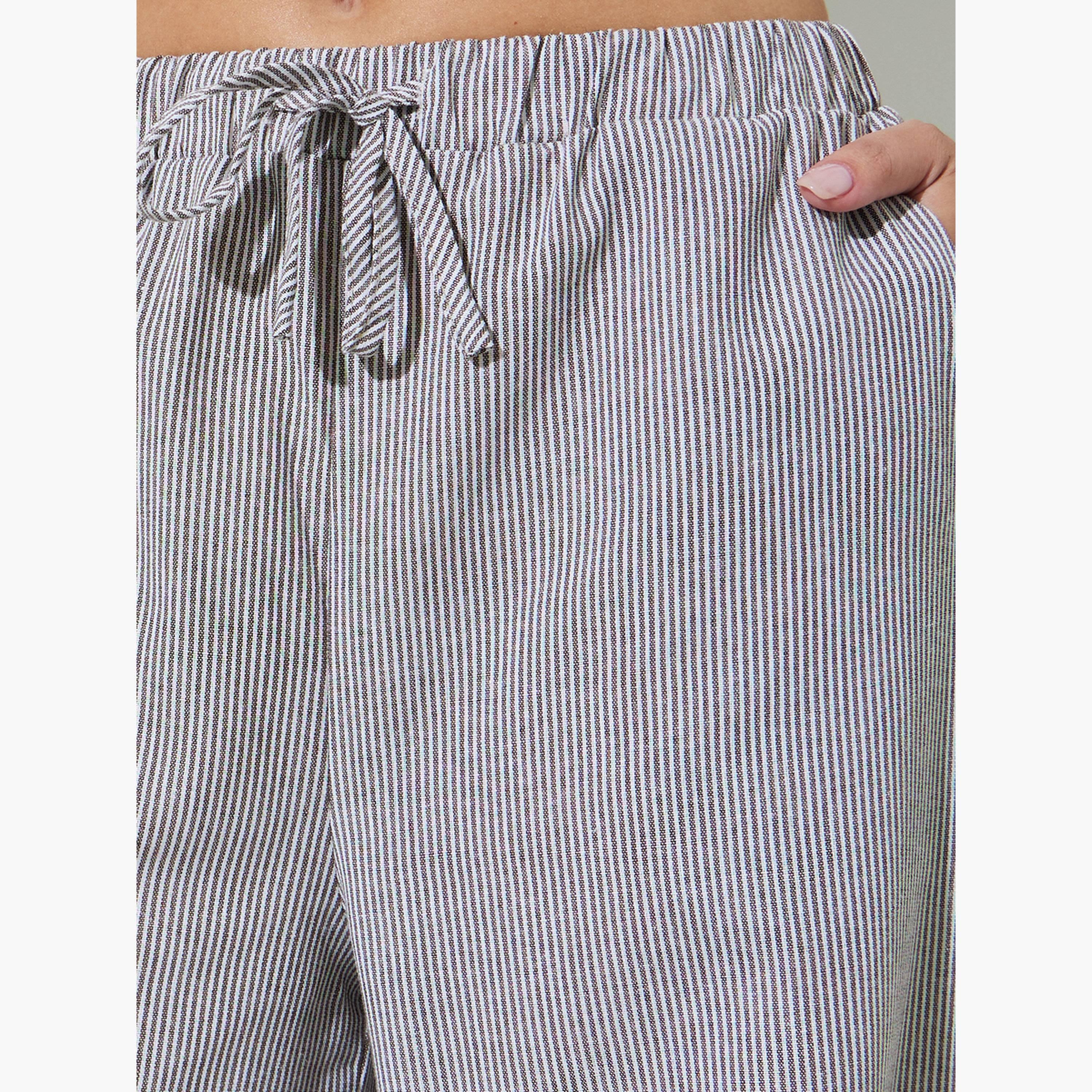 بنطال بأرجل واسعة وخصر مطاطي مخطط رمادي بجيوب-women-clothing-trousers-image-3