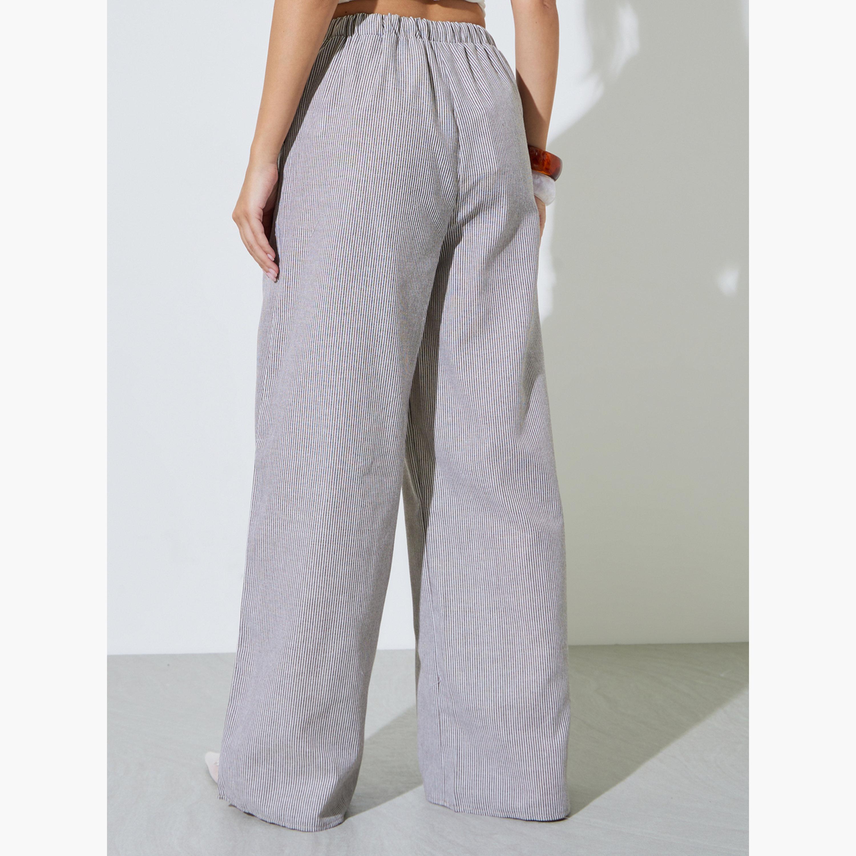 Styli Grey Striped Elastic Waist Wide Leg Pants with Pockets-women-clothing-trousers-image-4