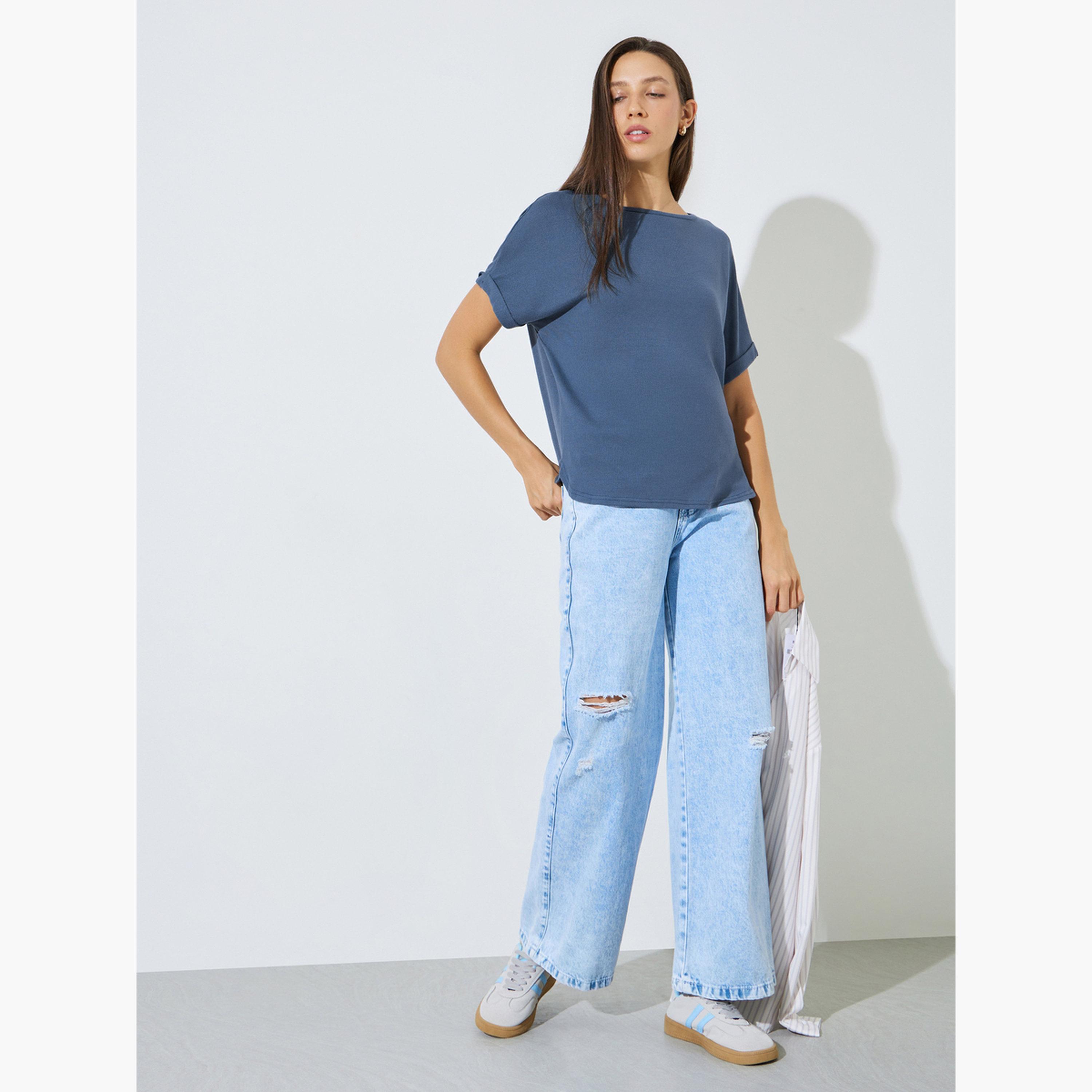 Styli Blue Solid Short Sleeve Knit Top-women-clothing-shirtsandblouses-blouses-image-2