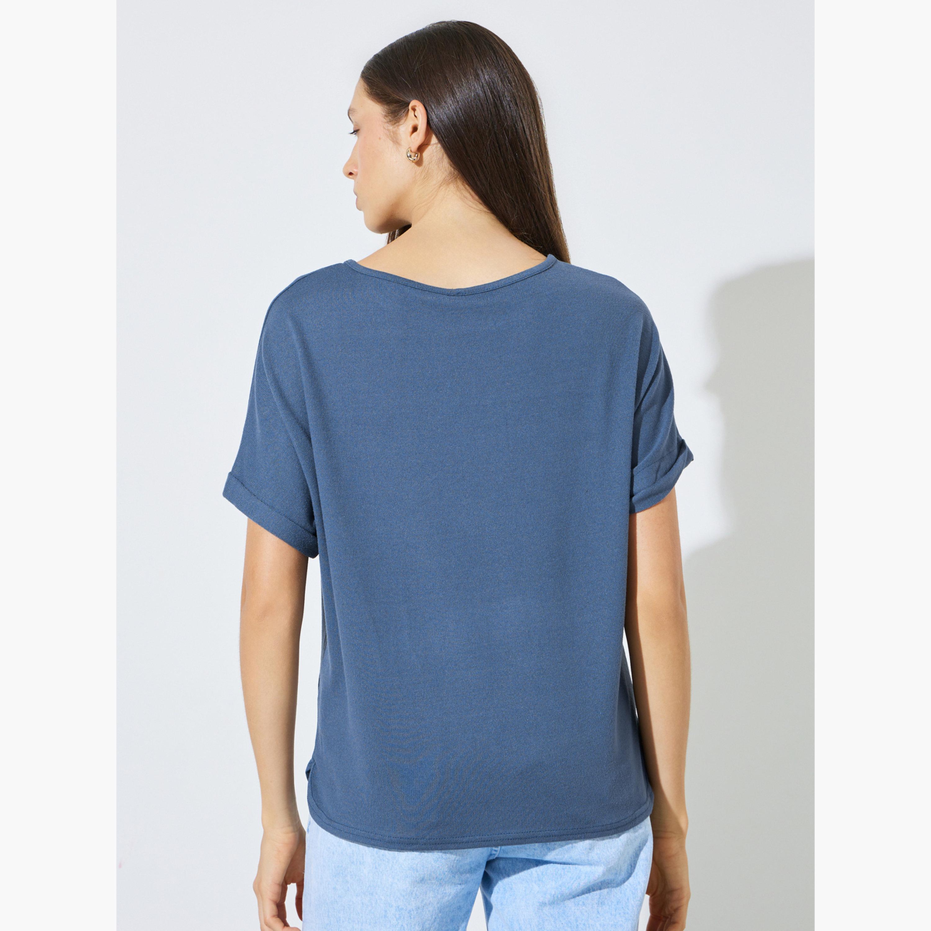 Styli Blue Solid Short Sleeve Knit Top-women-clothing-shirtsandblouses-blouses-image-4