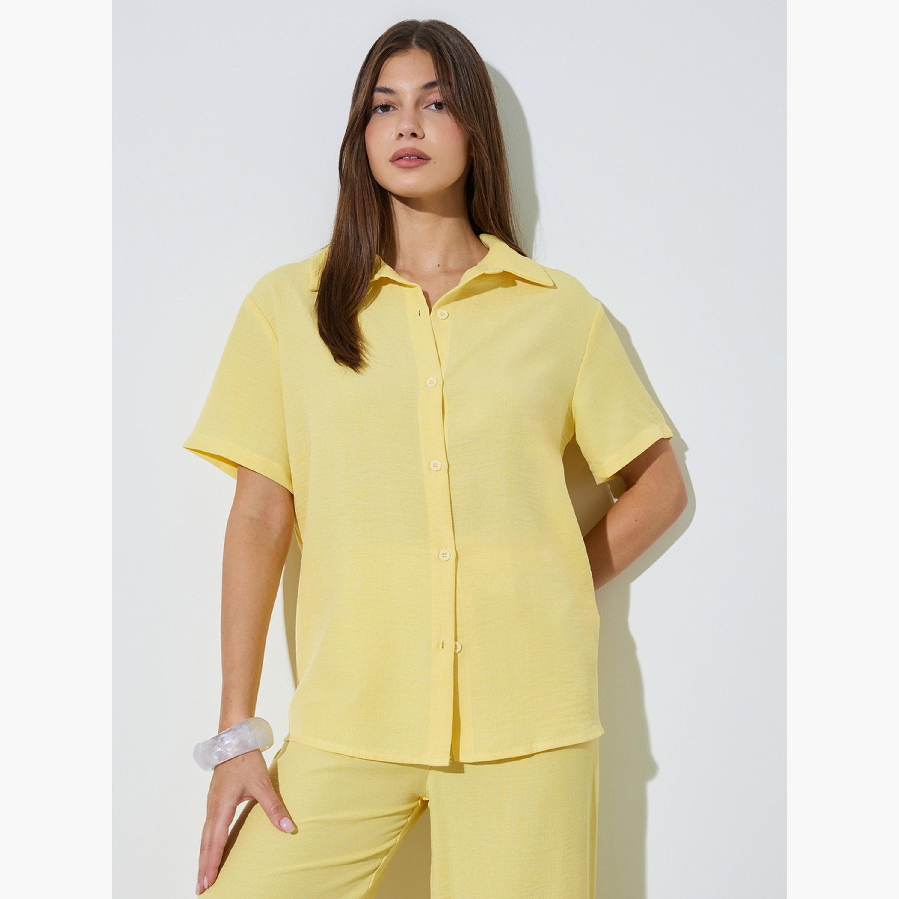 طقم منسق من بنطال بأرجل واسعة وقميص بمظهر الكتان-women-clothing-coordsets-image-3