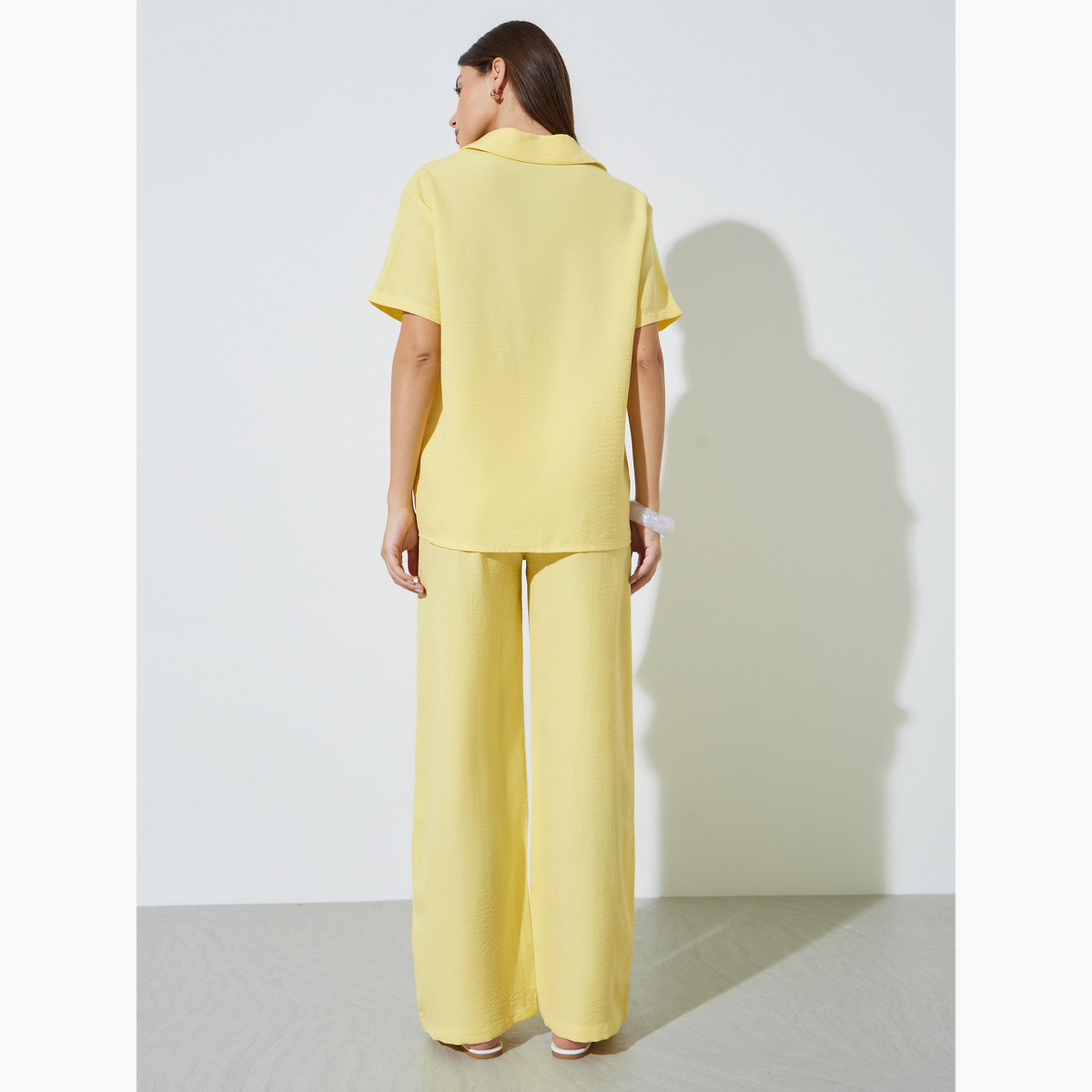 طقم منسق من بنطال بأرجل واسعة وقميص بمظهر الكتان-women-clothing-coordsets-image-4