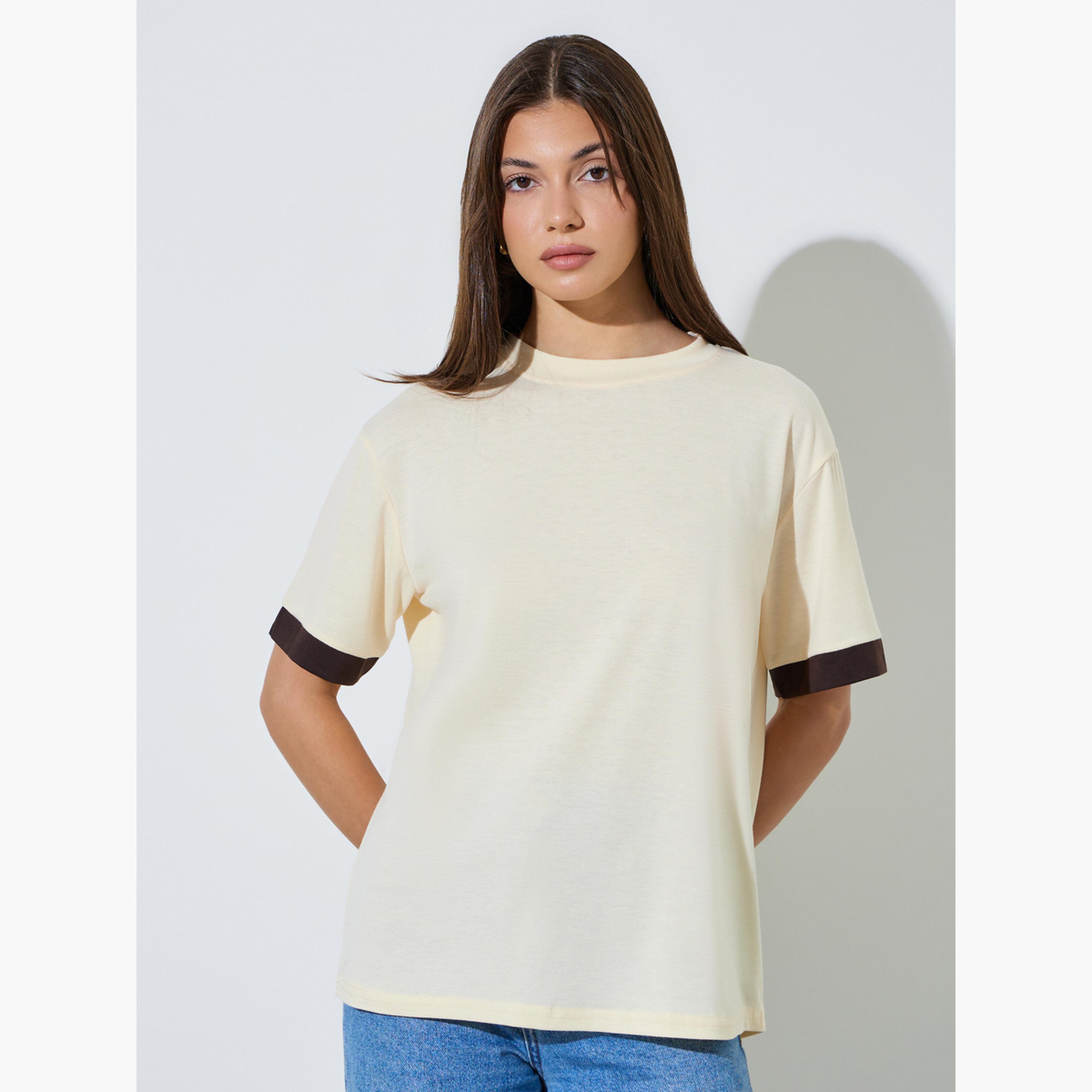 Styli Beige Relaxed Fit Crew Neck T-Shirt-women-clothing-tshirts-image-1