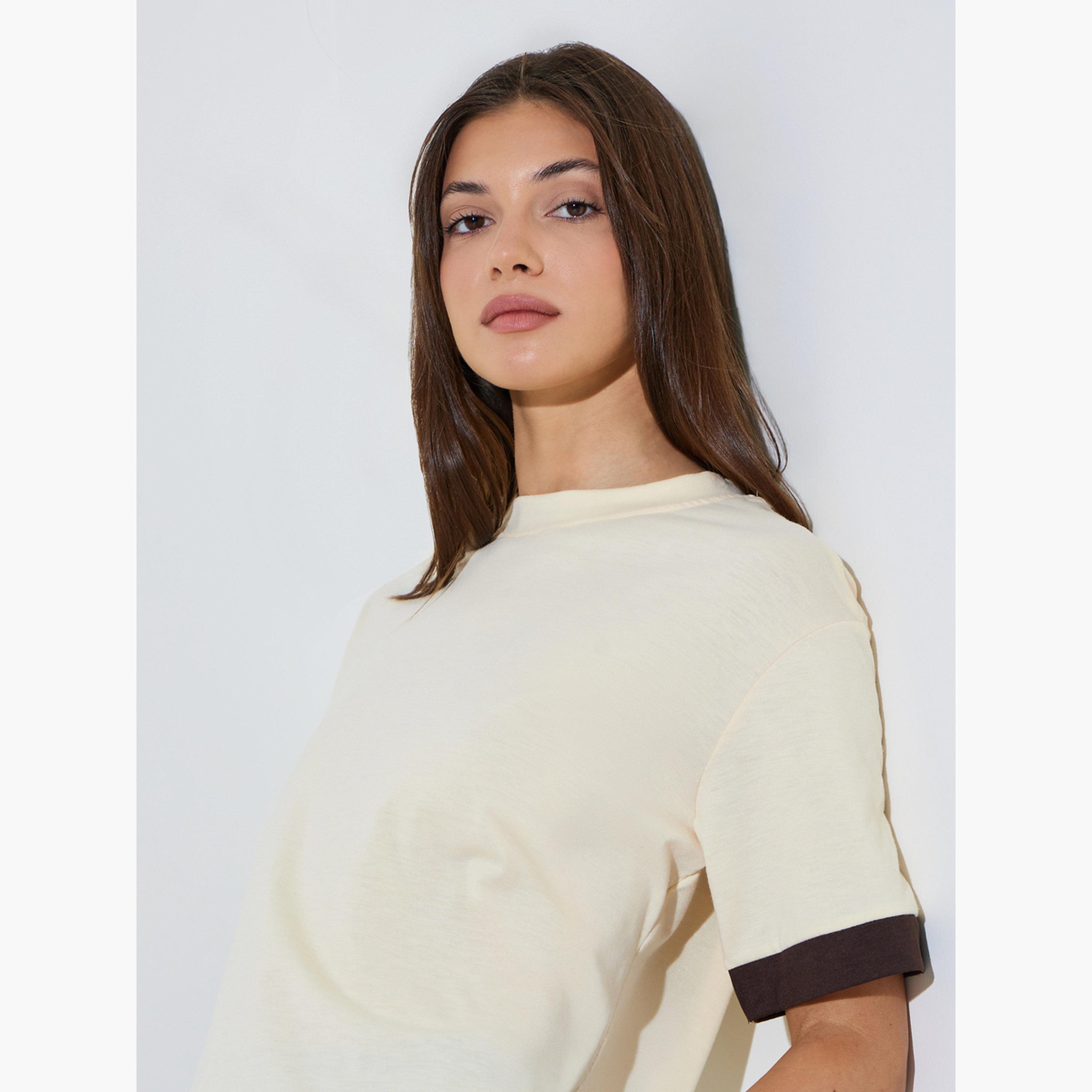 Styli Beige Relaxed Fit Crew Neck T-Shirt-women-clothing-tshirts-image-3