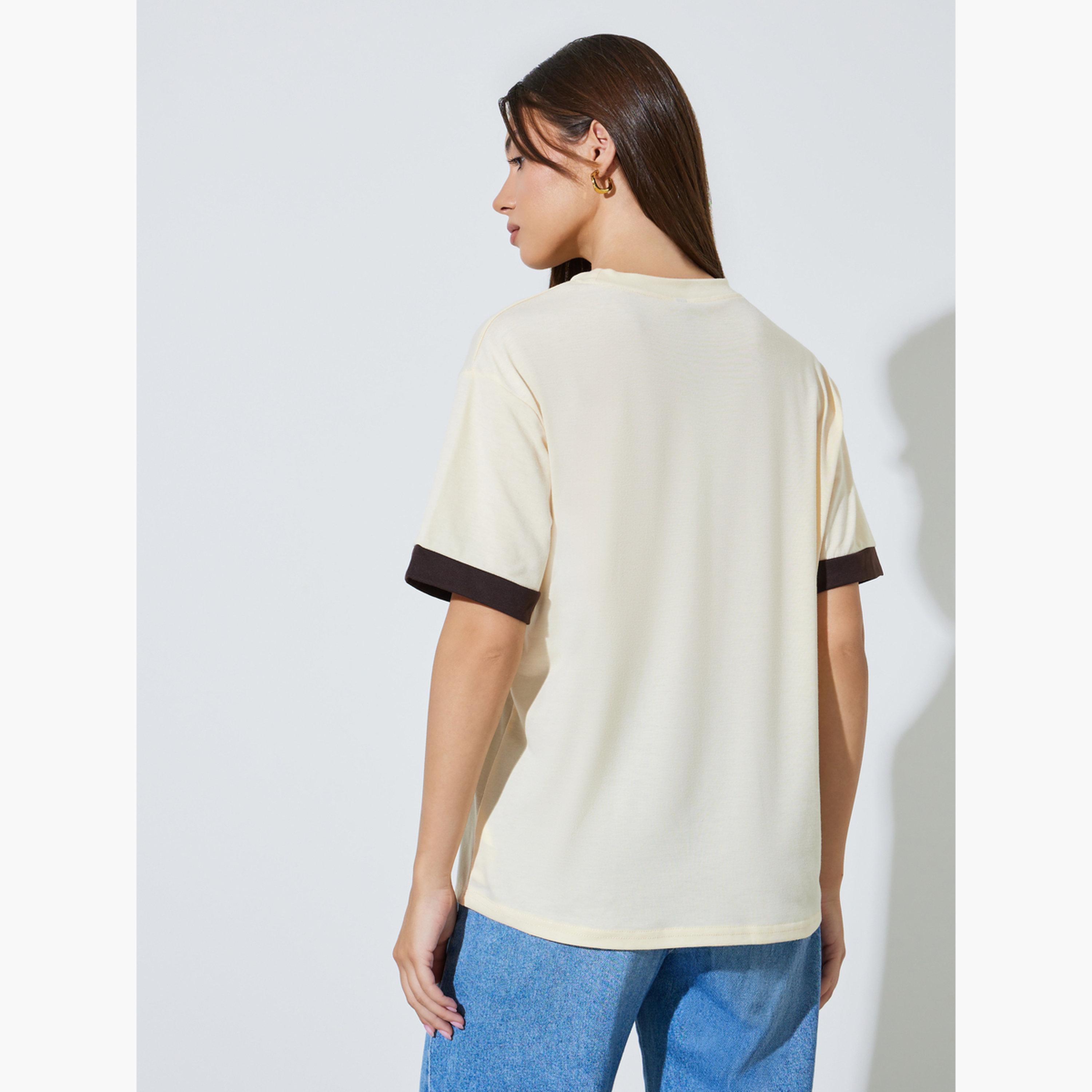 Styli Beige Relaxed Fit Crew Neck T-Shirt-women-clothing-tshirts-image-4