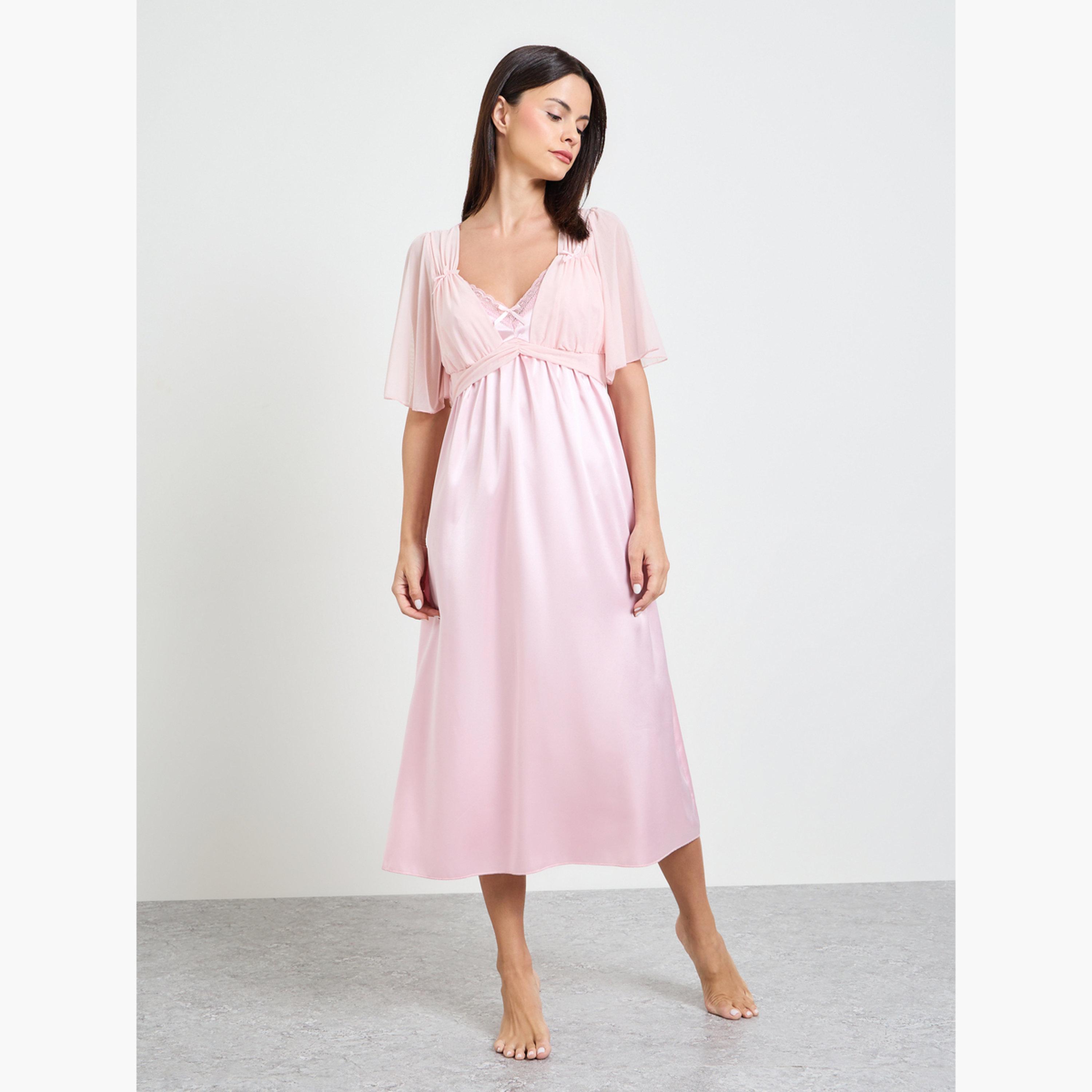 Take Two Light Pink Satin Slip Nightdress with Chiffon Sleeves-women-clothing-nightwear-nighties-image-1