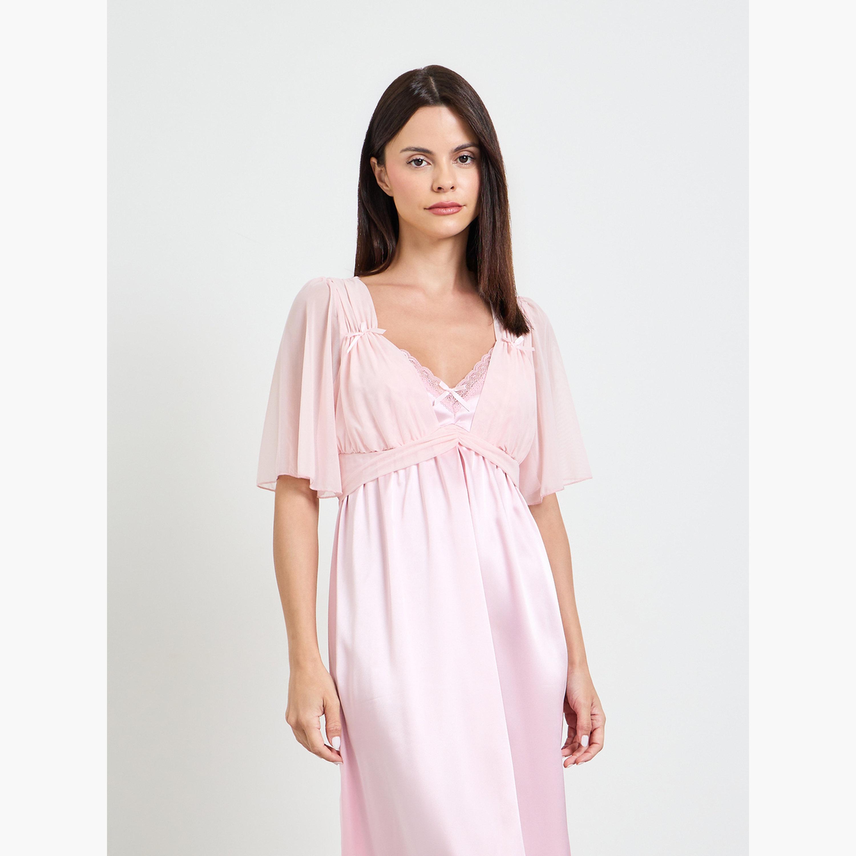 Take Two Light Pink Satin Slip Nightdress with Chiffon Sleeves-women-clothing-nightwear-nighties-image-2