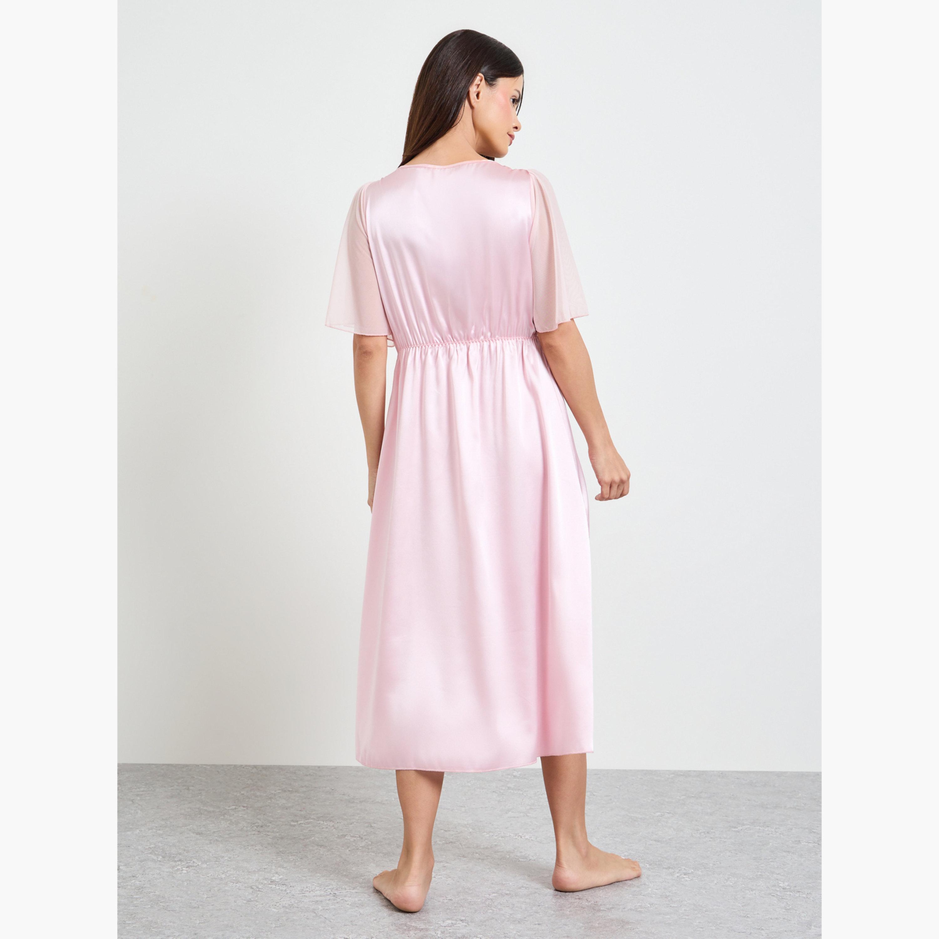 Take Two Light Pink Satin Slip Nightdress with Chiffon Sleeves-women-clothing-nightwear-nighties-image-3