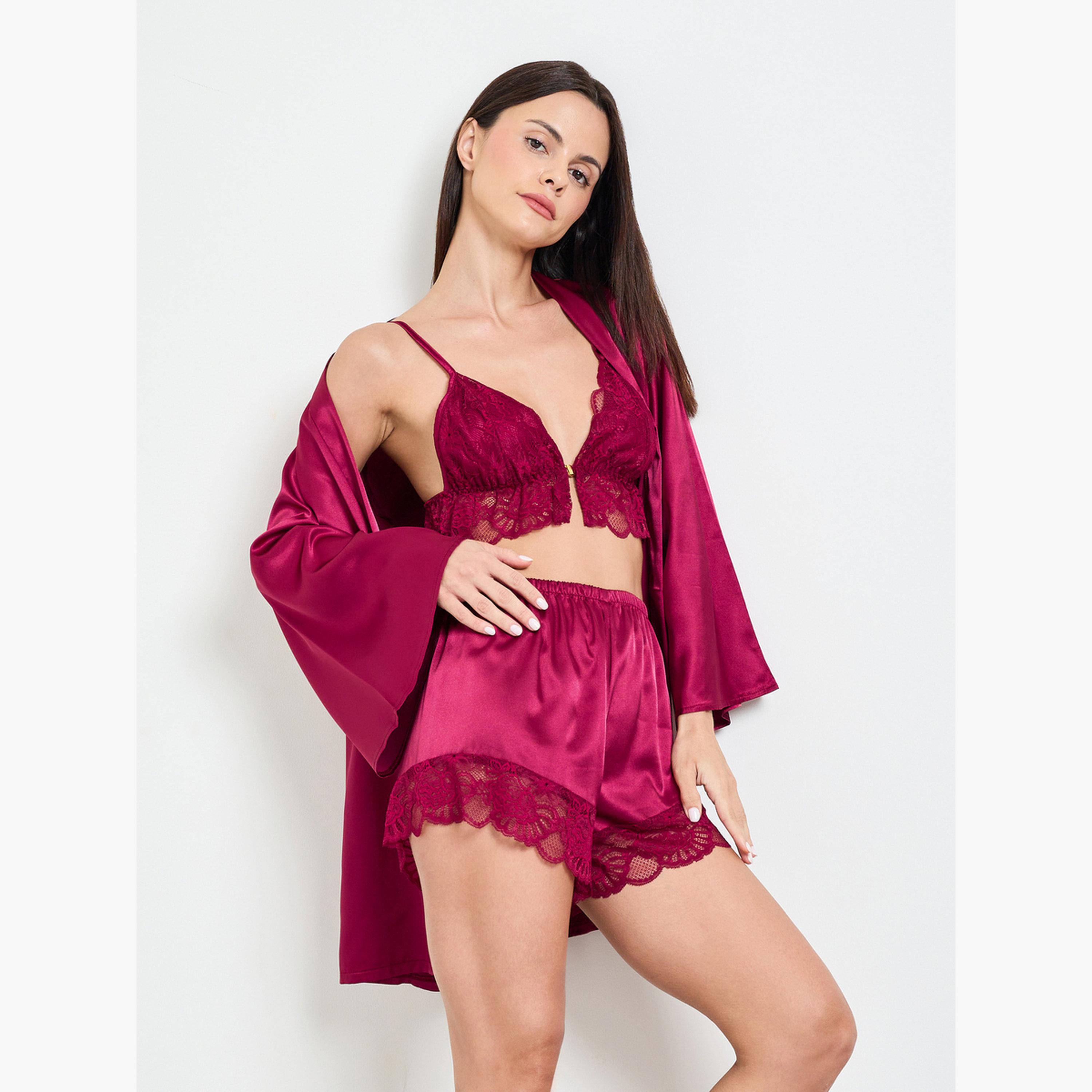 طقم من 3 قطع براليت دانتيل وشورت وروب-women-clothing-lingerie-lingeriesets-image-1