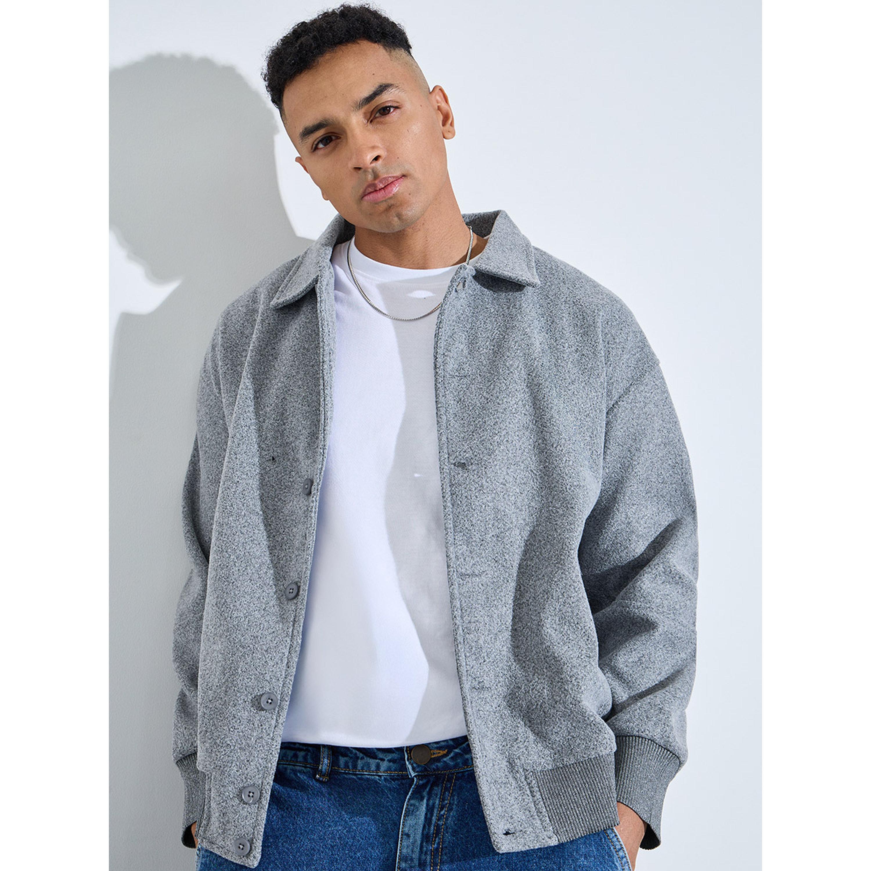 Styli Grey Textured Button-Up Jacket-men-winterwear-jacketsandblazers-image-3