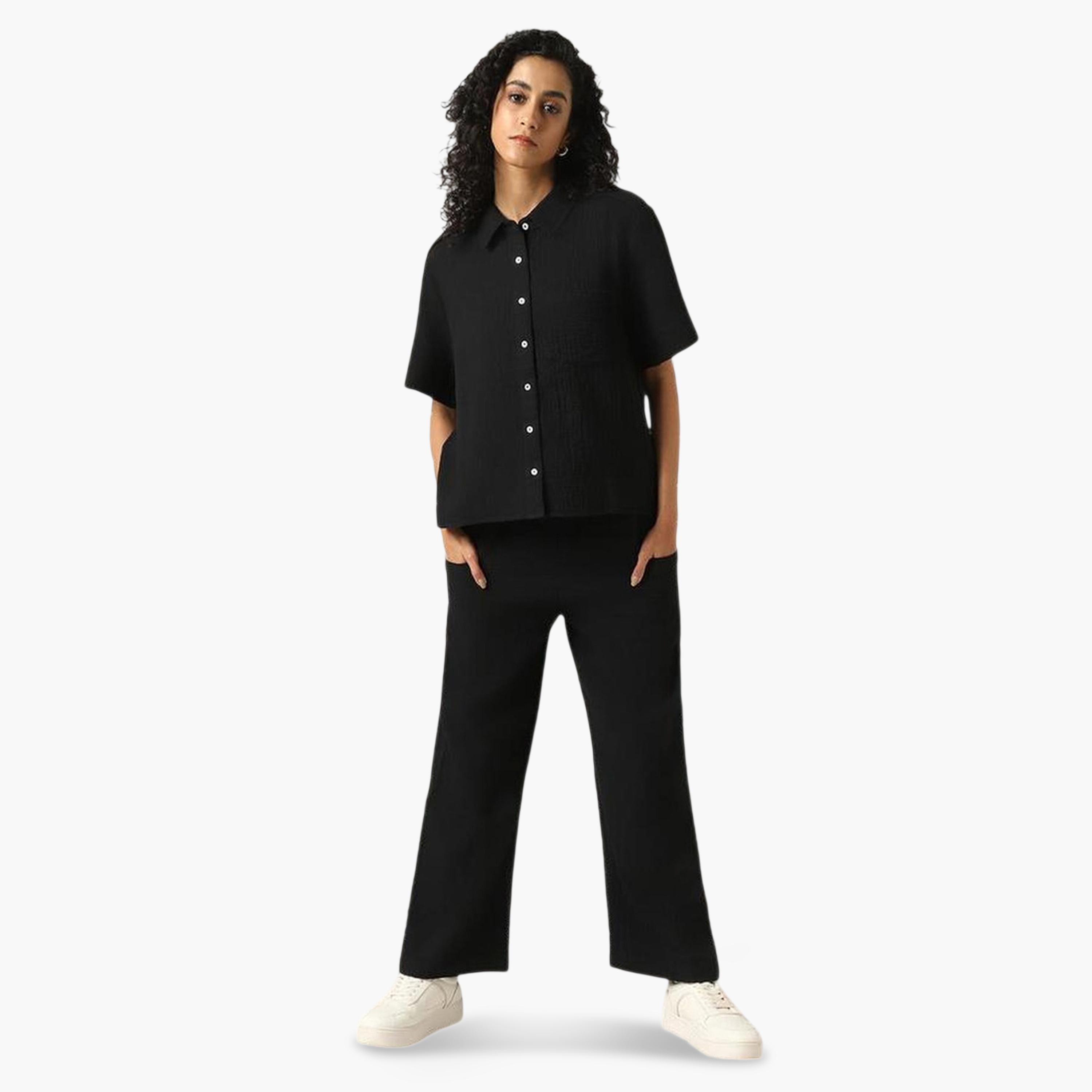 Hubberholme X Styli Black Solid Cotton Shirt and Pants Co-ords-women-clothing-coordsets-image-1