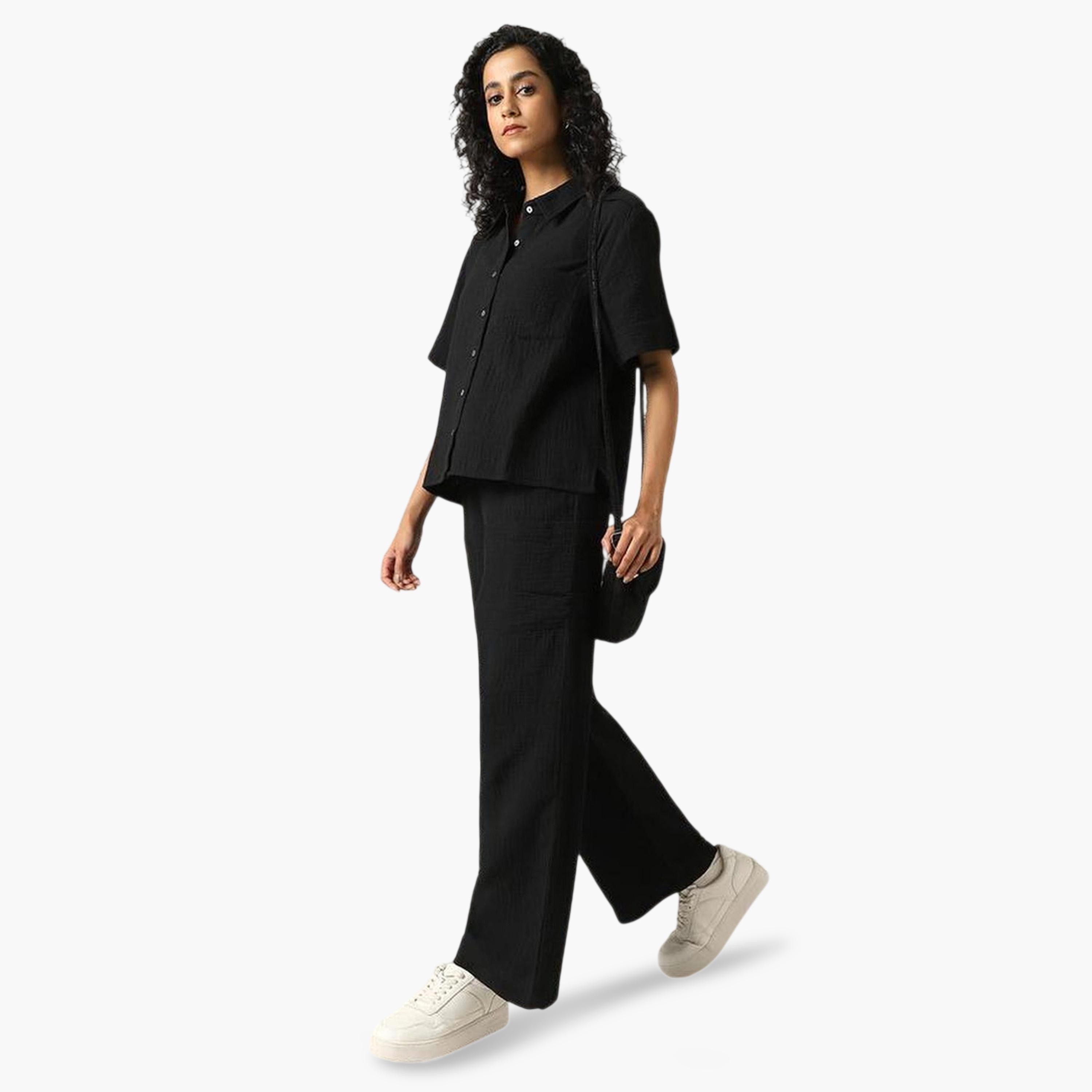 Hubberholme X Styli Black Solid Cotton Shirt and Pants Co-ords-women-clothing-coordsets-image-2