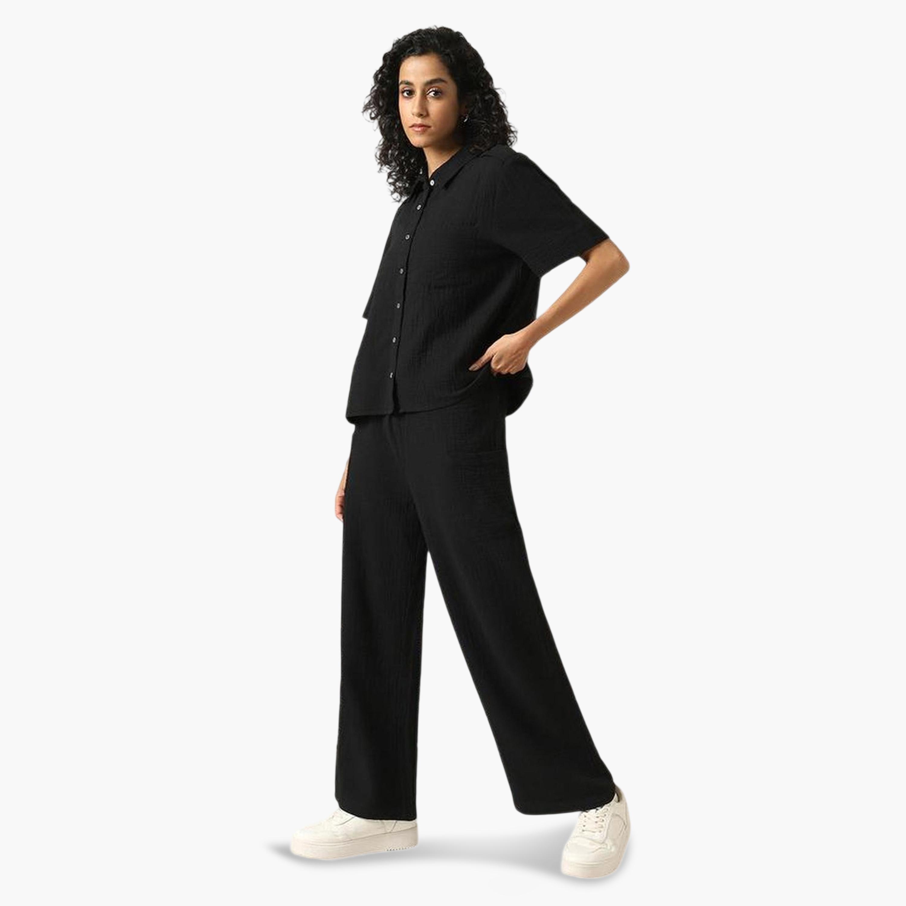 طقم منسق من بنطال وبلوزة قطن سادة لون-women-clothing-coordsets-image-4
