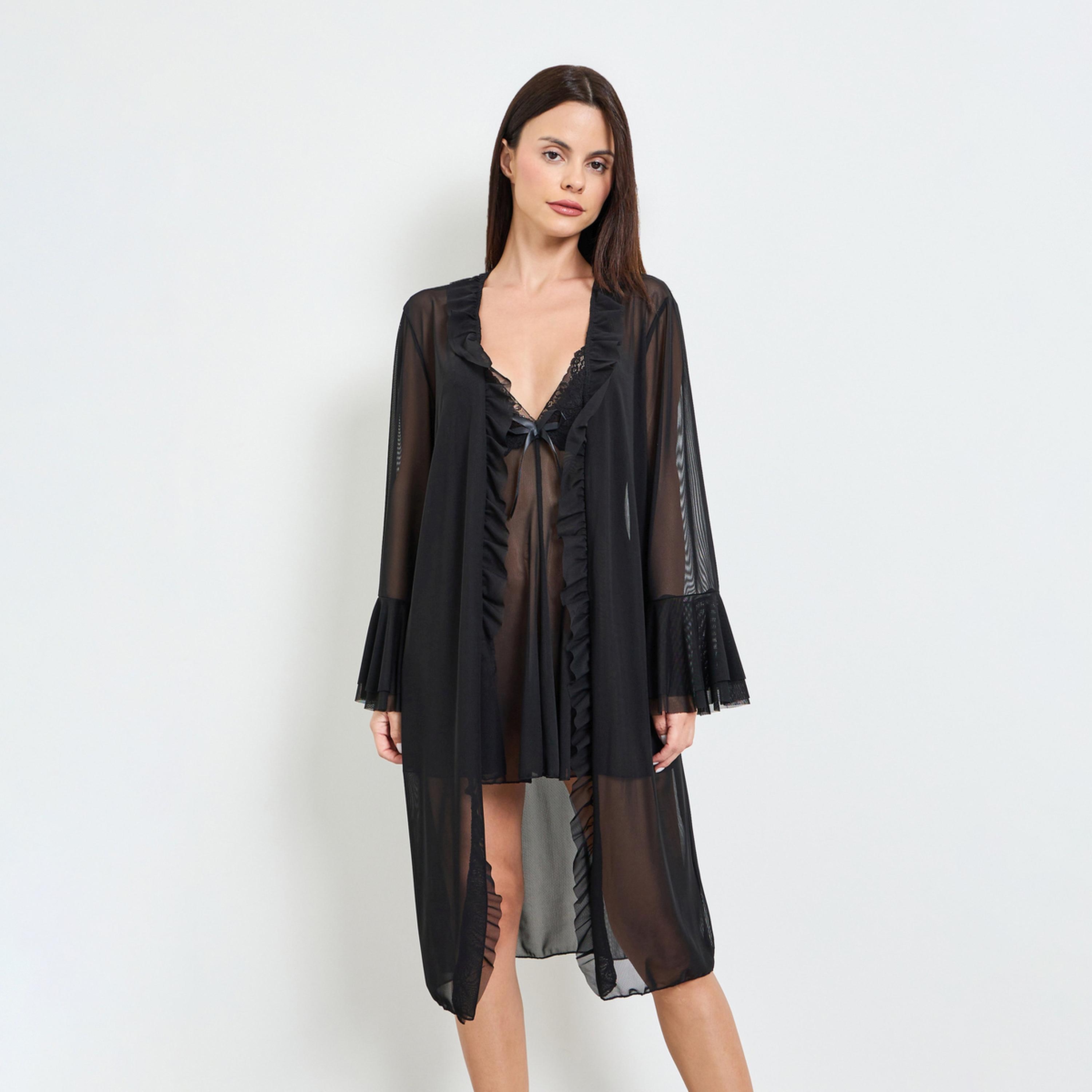 طقم من روب بكشكش وقميص نوم بتفاصيل دانتيل-women-clothing-nightwear-robes-image-1