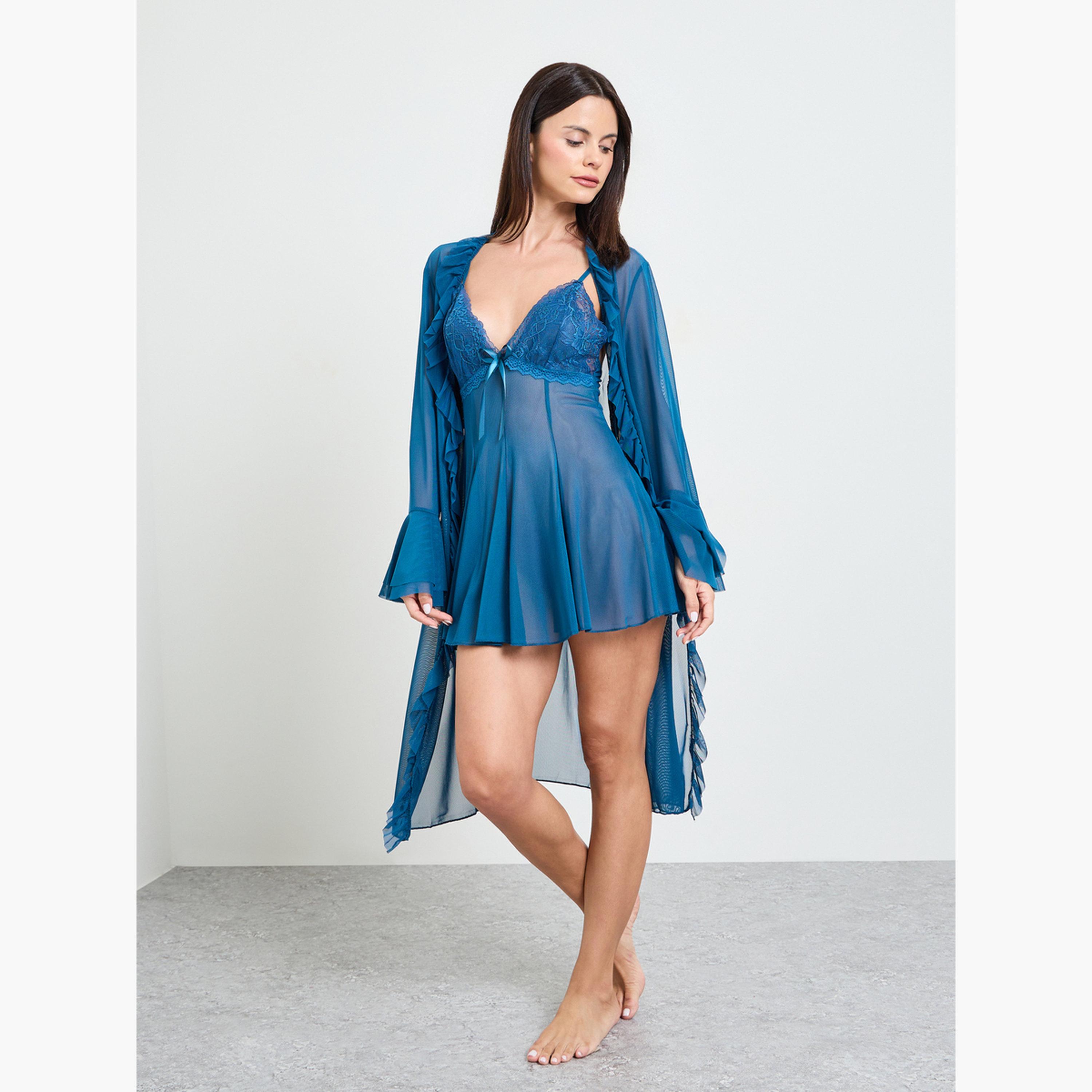 طقم من روب بكشكش وقميص نوم بتفاصيل دانتيل-women-clothing-nightwear-robes-image-2