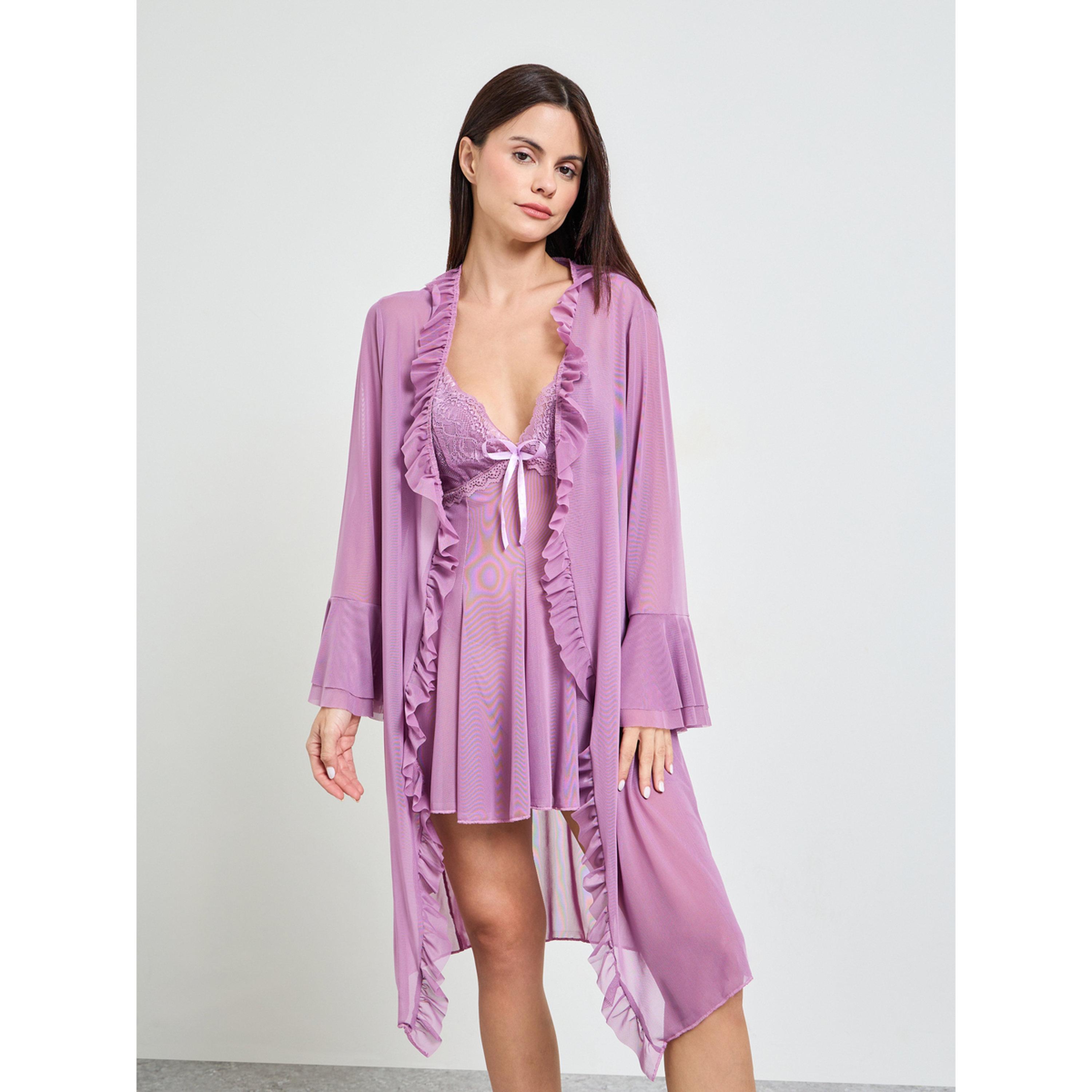 طقم روب بأكمام جرس وقيمص نوم سادة باللون البنفسجي-women-clothing-nightwear-robes-image-1