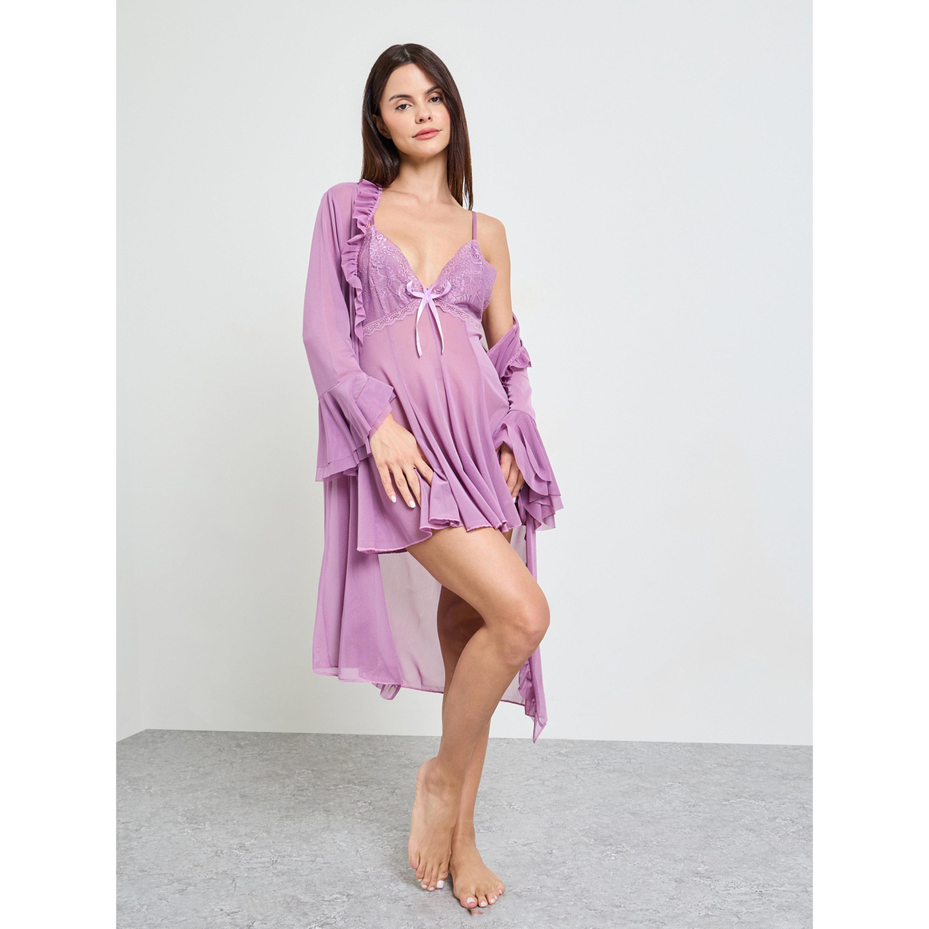 طقم روب بأكمام جرس وقيمص نوم سادة باللون البنفسجي-women-clothing-nightwear-robes-image-2