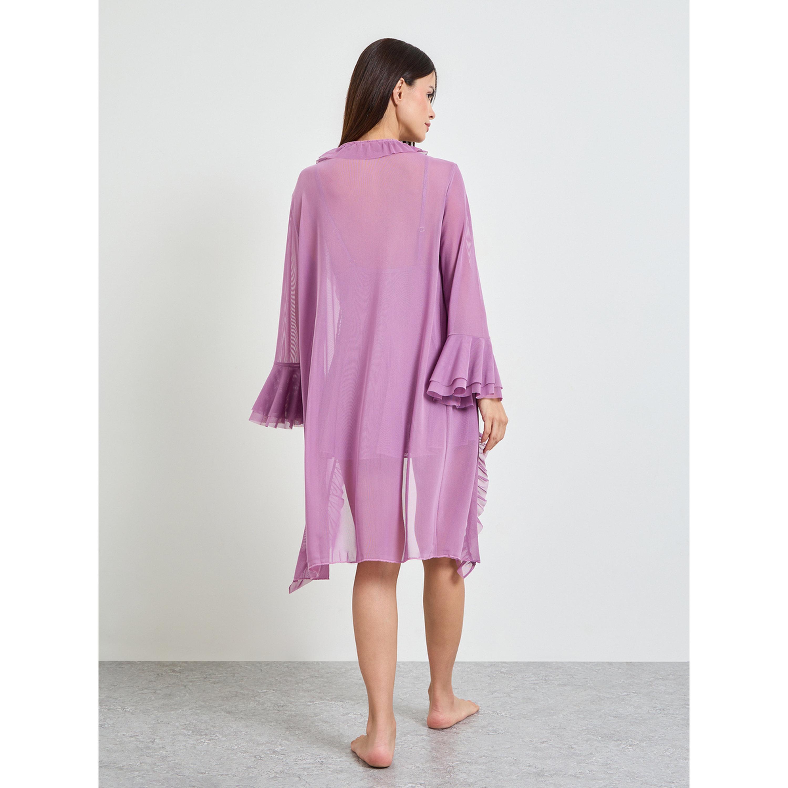 طقم روب بأكمام جرس وقيمص نوم سادة باللون البنفسجي-women-clothing-nightwear-robes-image-4