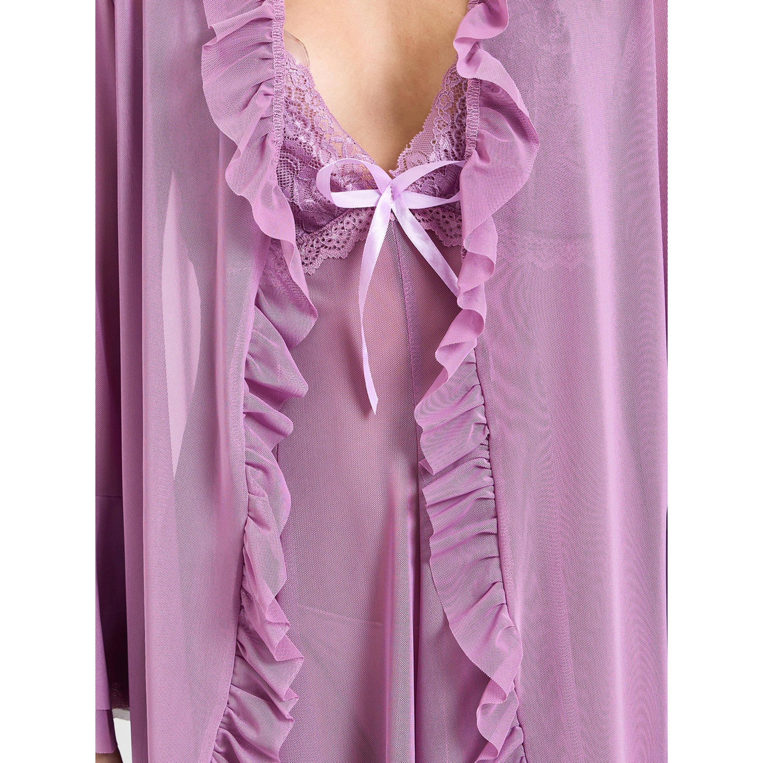 طقم روب بأكمام جرس وقيمص نوم سادة باللون البنفسجي-women-clothing-nightwear-robes-image-6