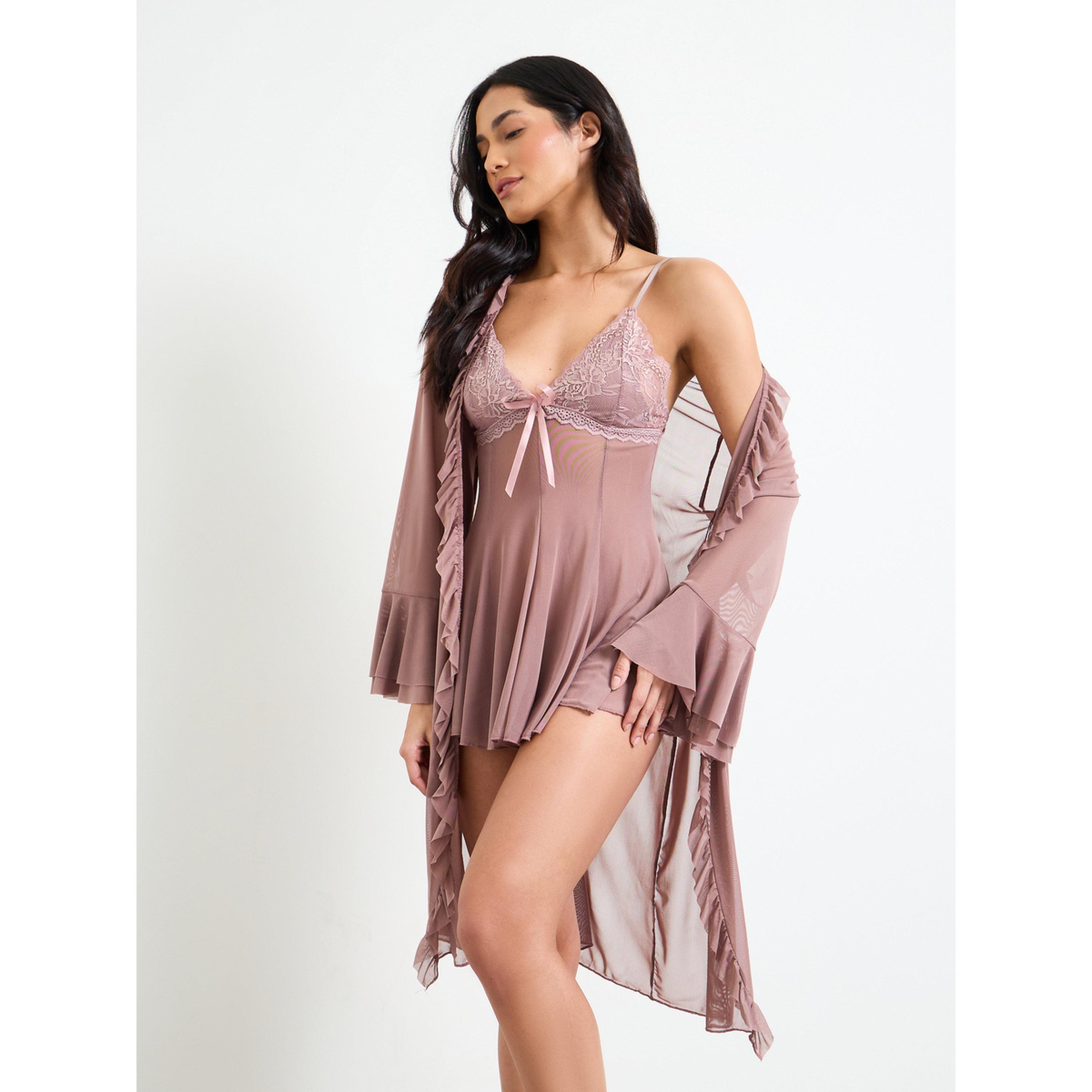طقم قميص نوم ساتان وروب بحافة دانتيل-women-clothing-nightwear-robes-image-1