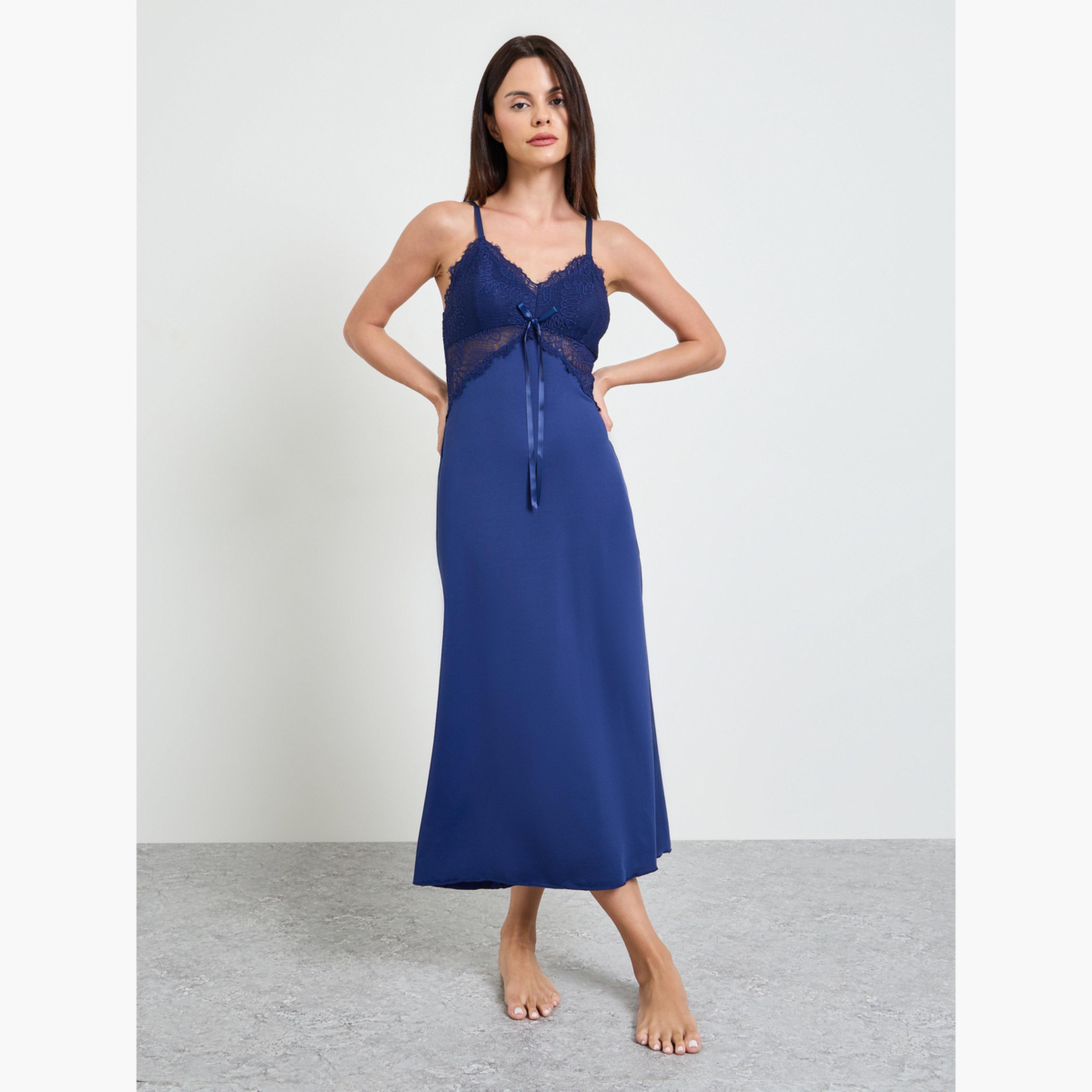 Take Two Navy Blue Lace Trim Strappy Slip Dress-women-clothing-nightwear-nighties-image-1