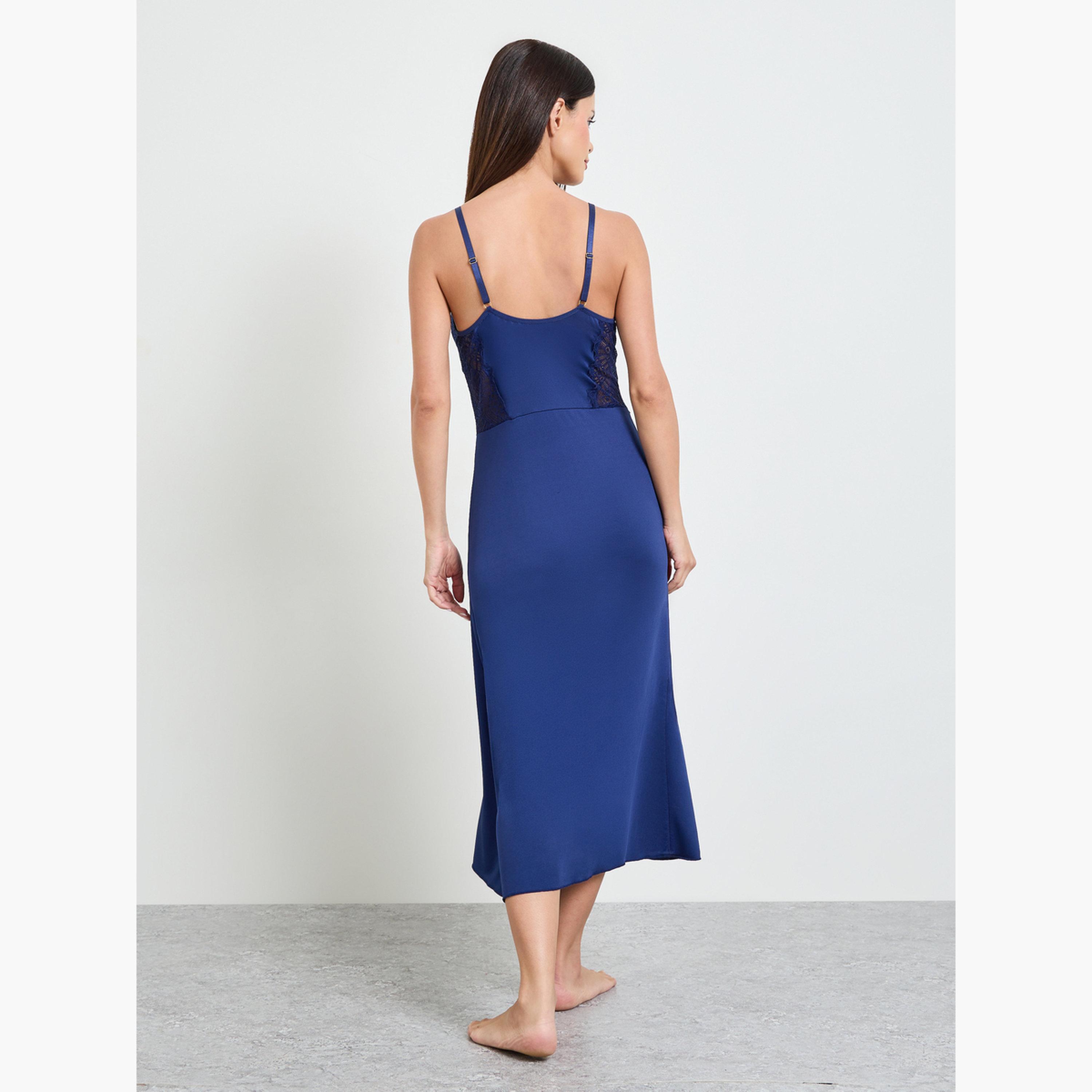 Take Two Navy Blue Lace Trim Strappy Slip Dress-women-clothing-nightwear-nighties-image-3
