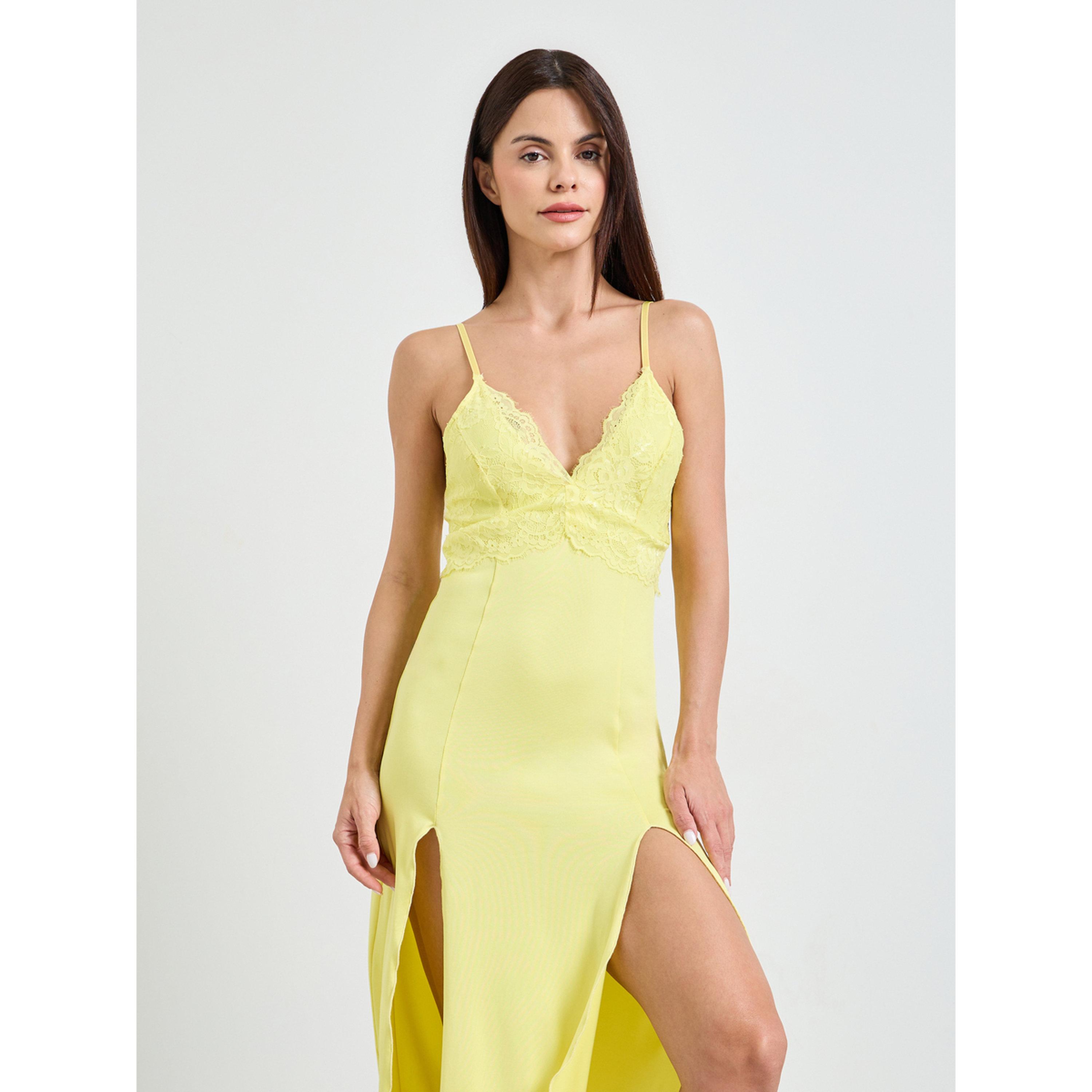 قميص نوم بفتحة جانبية وتفاصيل دانتيل باللون الأصفر-women-clothing-nightwear-nighties-image-2