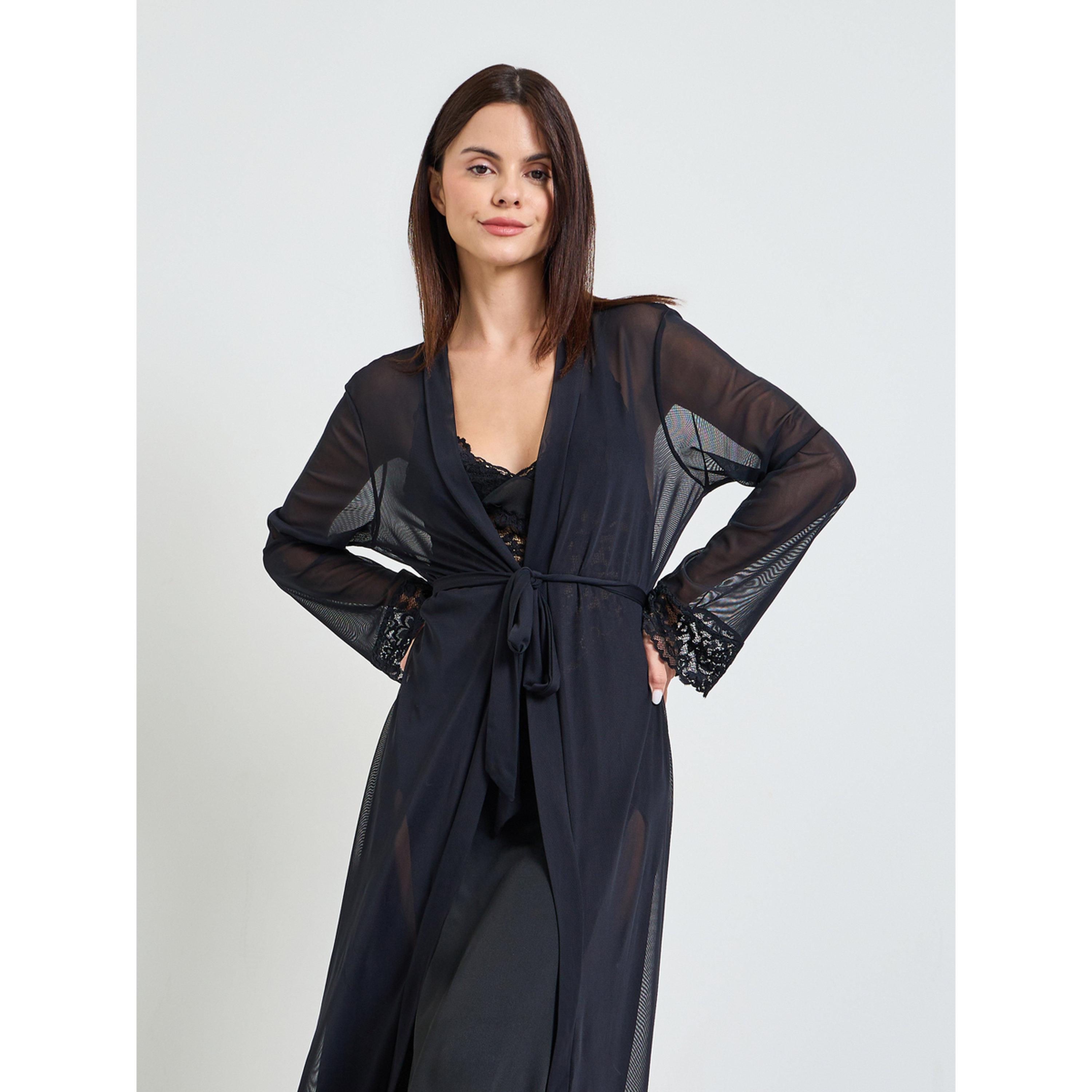 طقم روب وقيمص نوم دانتيل باللون الأسود-women-clothing-nightwear-robes-image-3