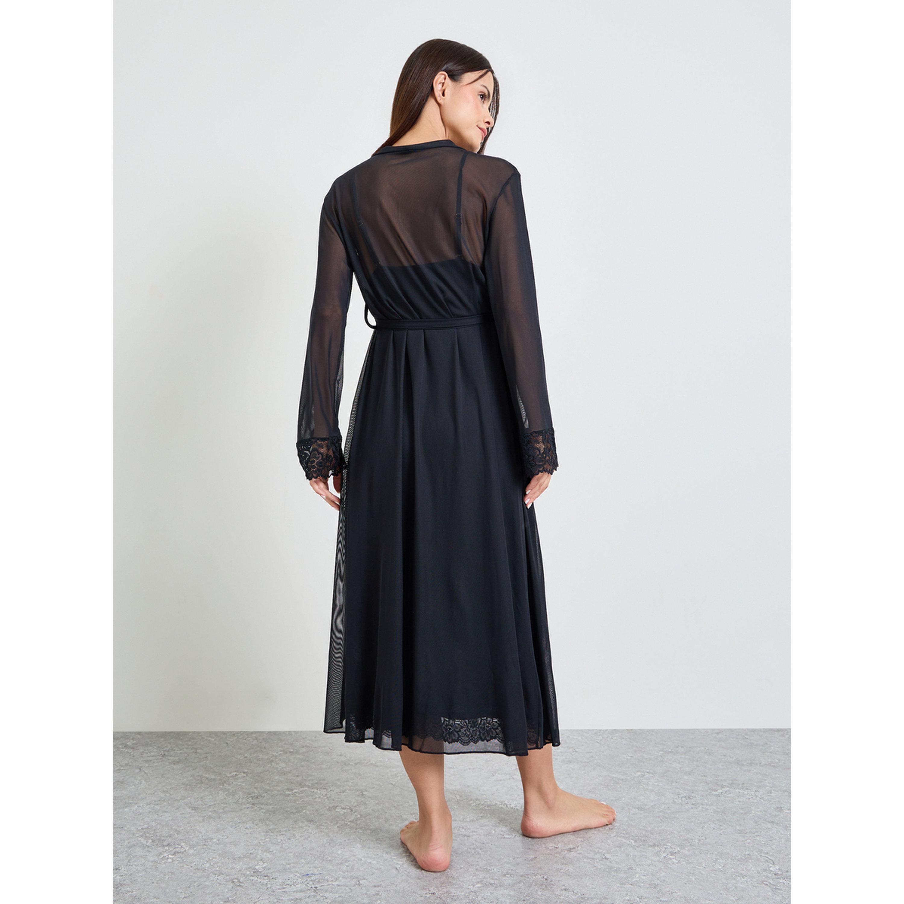 طقم روب وقيمص نوم دانتيل باللون الأسود-women-clothing-nightwear-robes-image-4